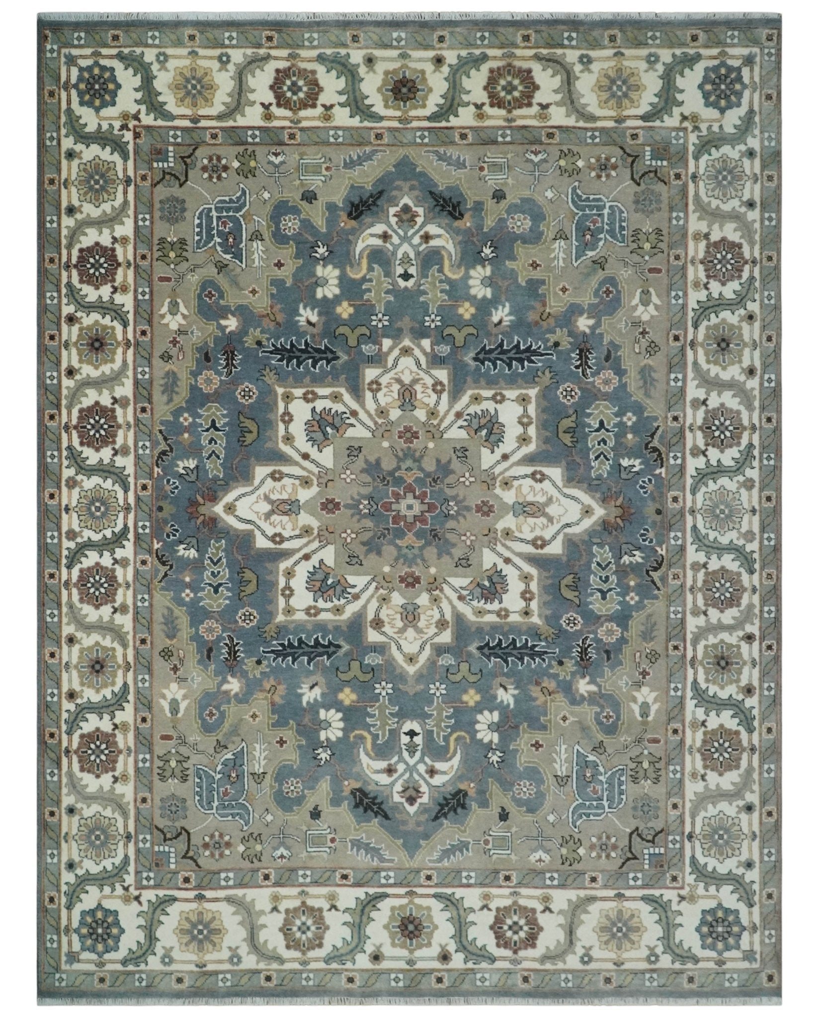 Custom Made Fine Knots Hand Knotted Ivory, Taupe and Olive Traditional Wool Rug
