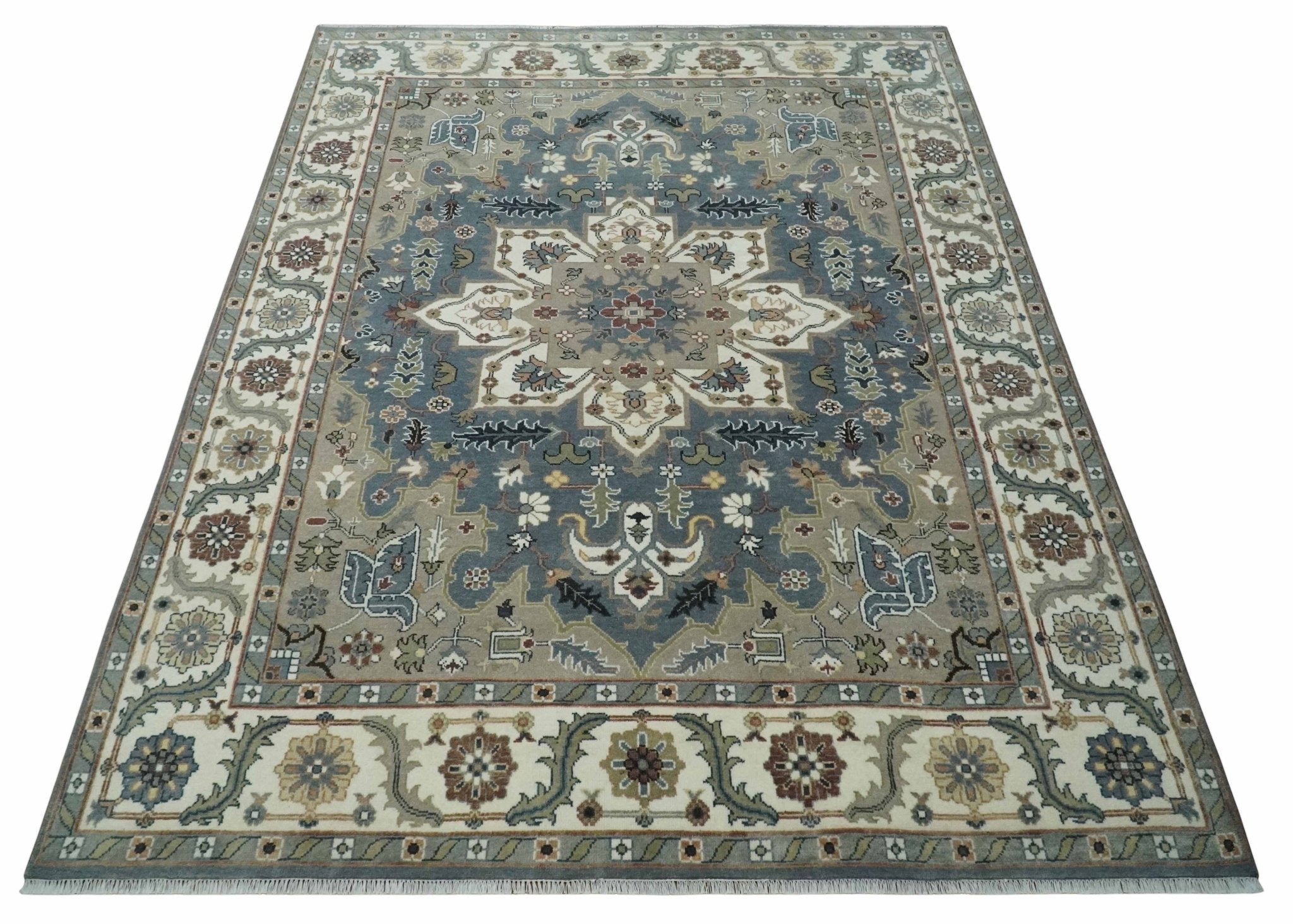 Custom Made Fine Knots Hand Knotted Ivory, Taupe and Olive Traditional Wool Rug