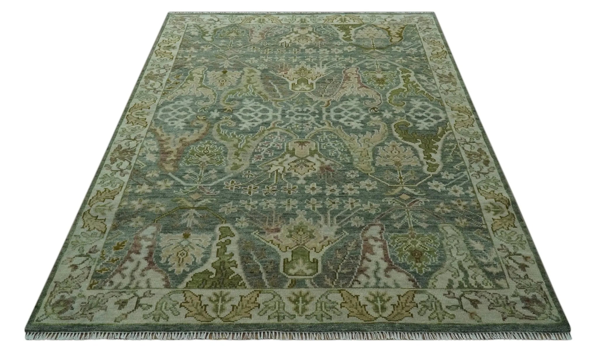 Custom Made Gray, Silver and Green Hand Knotted Traditional Large Design wool area rug