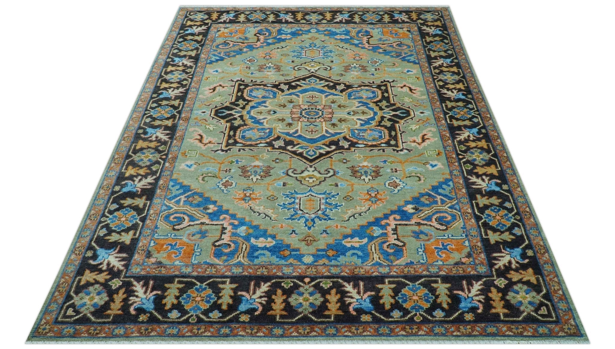 Custom Made Green And Blue Traditional Heriz Hand Knotted Wool Rug - The Rug Decor