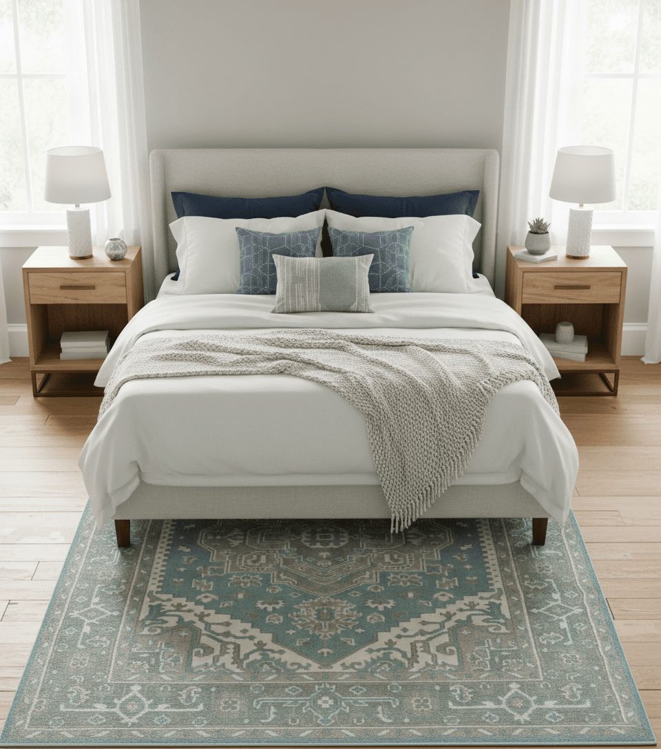 Custom Made Hand Knotted Blue, Ivory, Camel and Gray Traditional Heriz wool rug