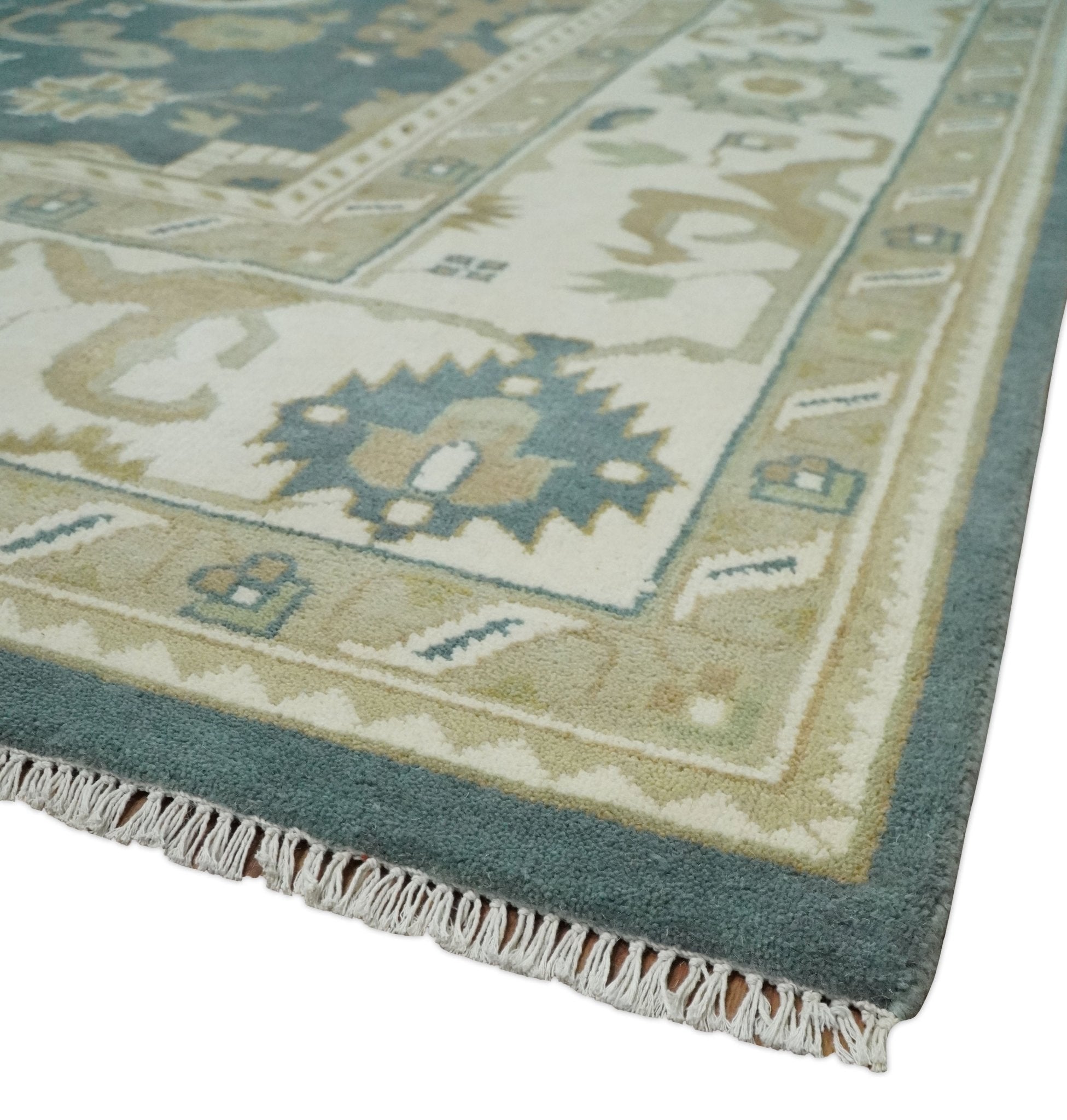 Custom Made Hand Knotted Dark Teal, Ivory and Beige Traditional Multi Size Oushak Wool Rug - The Rug Decor