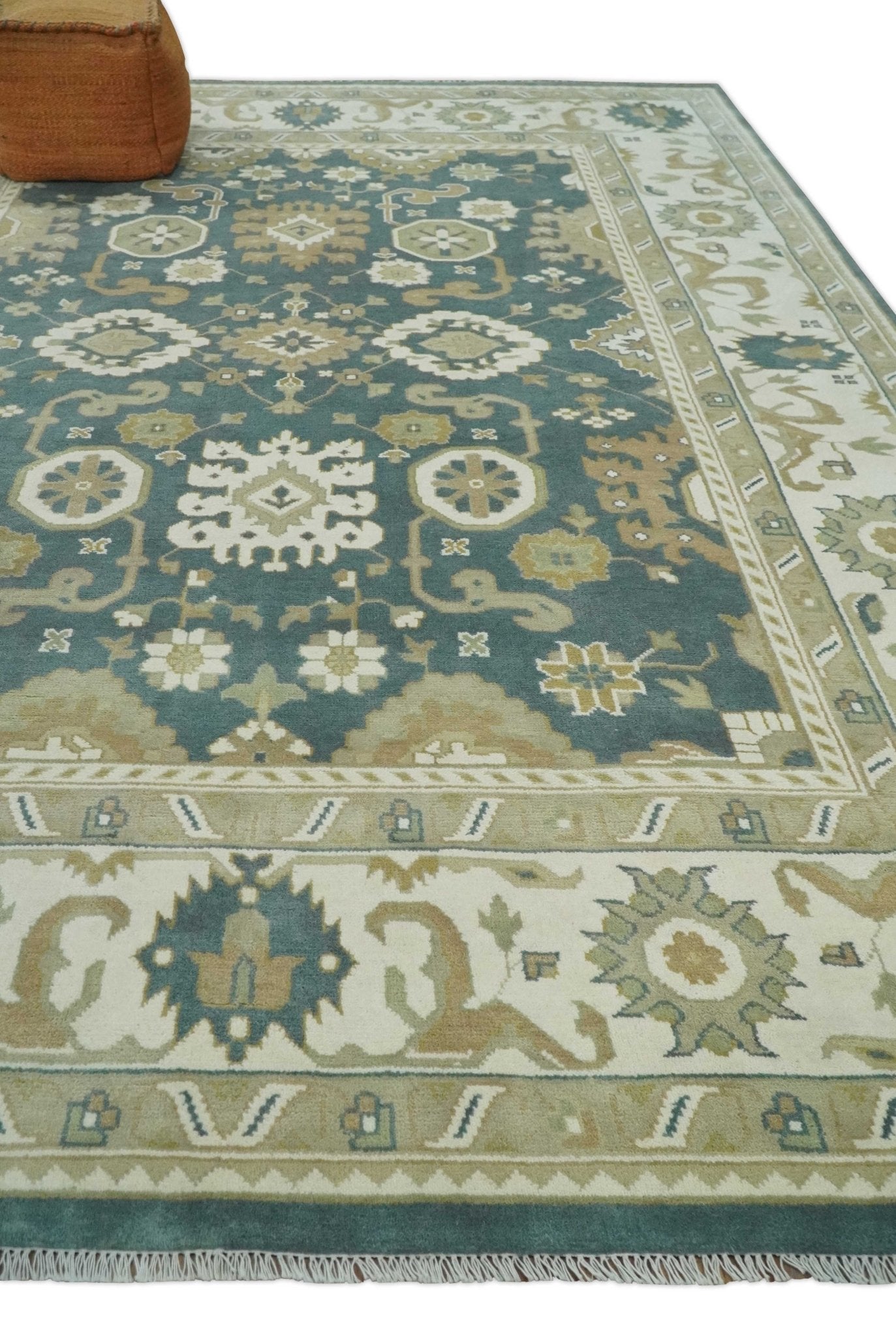 Custom Made Hand Knotted Dark Teal, Ivory and Beige Traditional Multi Size Oushak Wool Rug - The Rug Decor