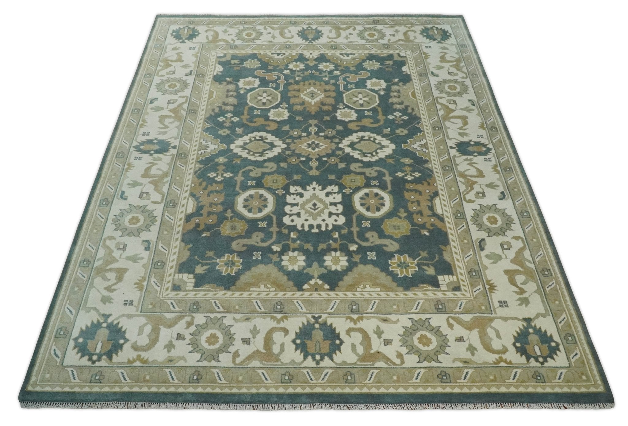 Custom Made Hand Knotted Dark Teal, Ivory and Beige Traditional Multi Size Oushak Wool Rug - The Rug Decor
