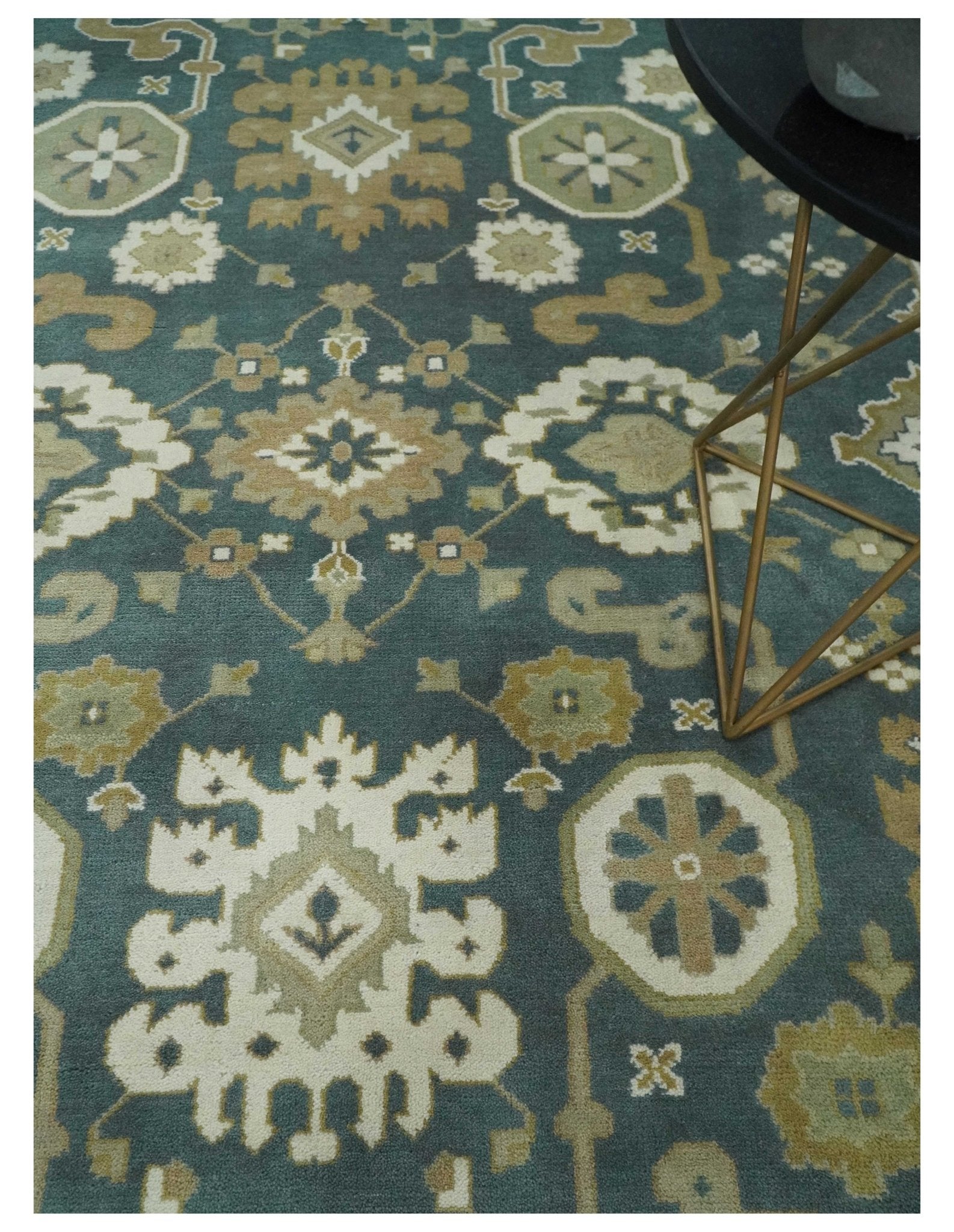 Custom Made Hand Knotted Dark Teal, Ivory and Beige Traditional Multi Size Oushak Wool Rug - The Rug Decor