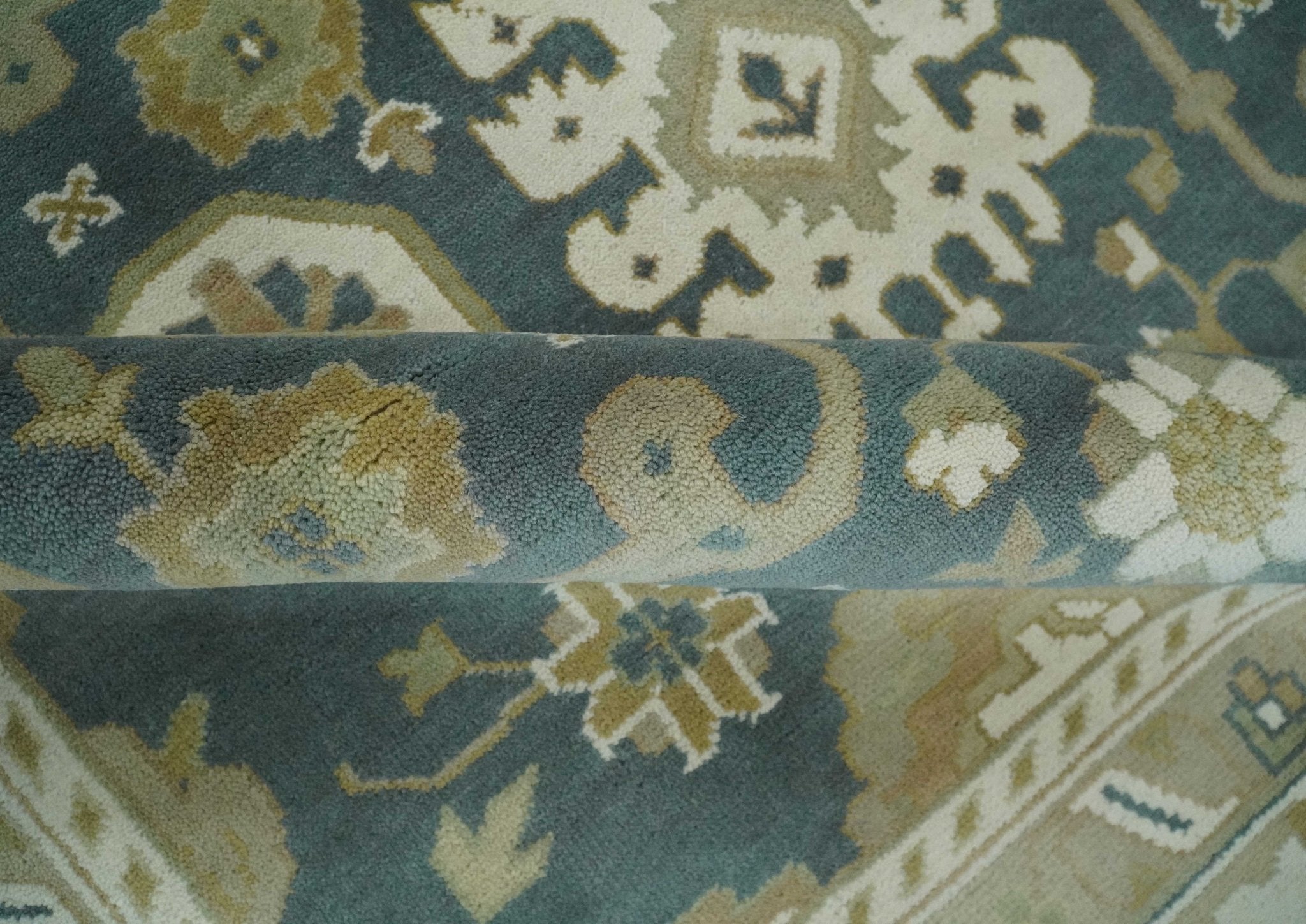 Custom Made Hand Knotted Dark Teal, Ivory and Beige Traditional Multi Size Oushak Wool Rug - The Rug Decor