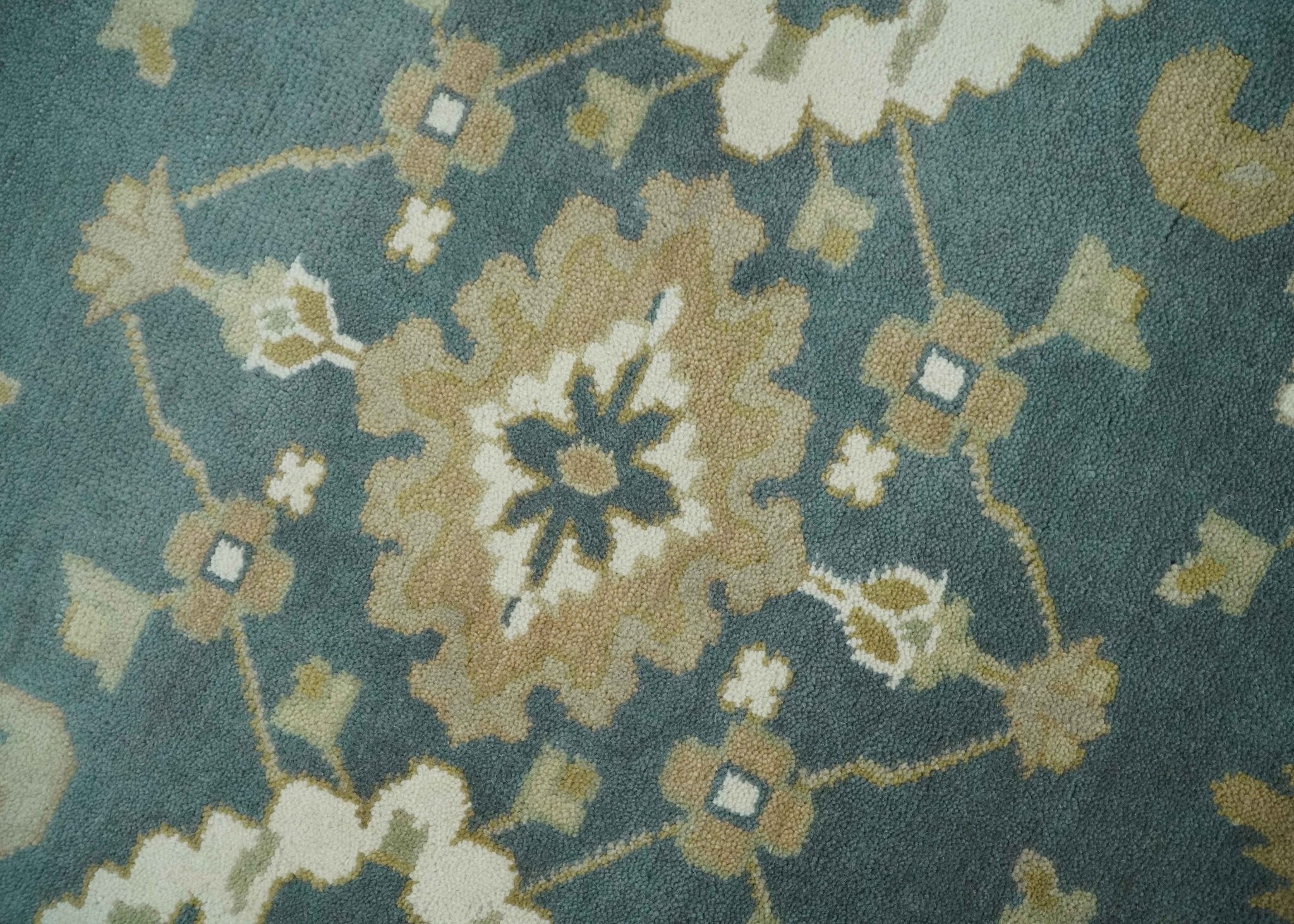 Custom Made Hand Knotted Dark Teal, Ivory and Beige Traditional Multi Size Oushak Wool Rug - The Rug Decor