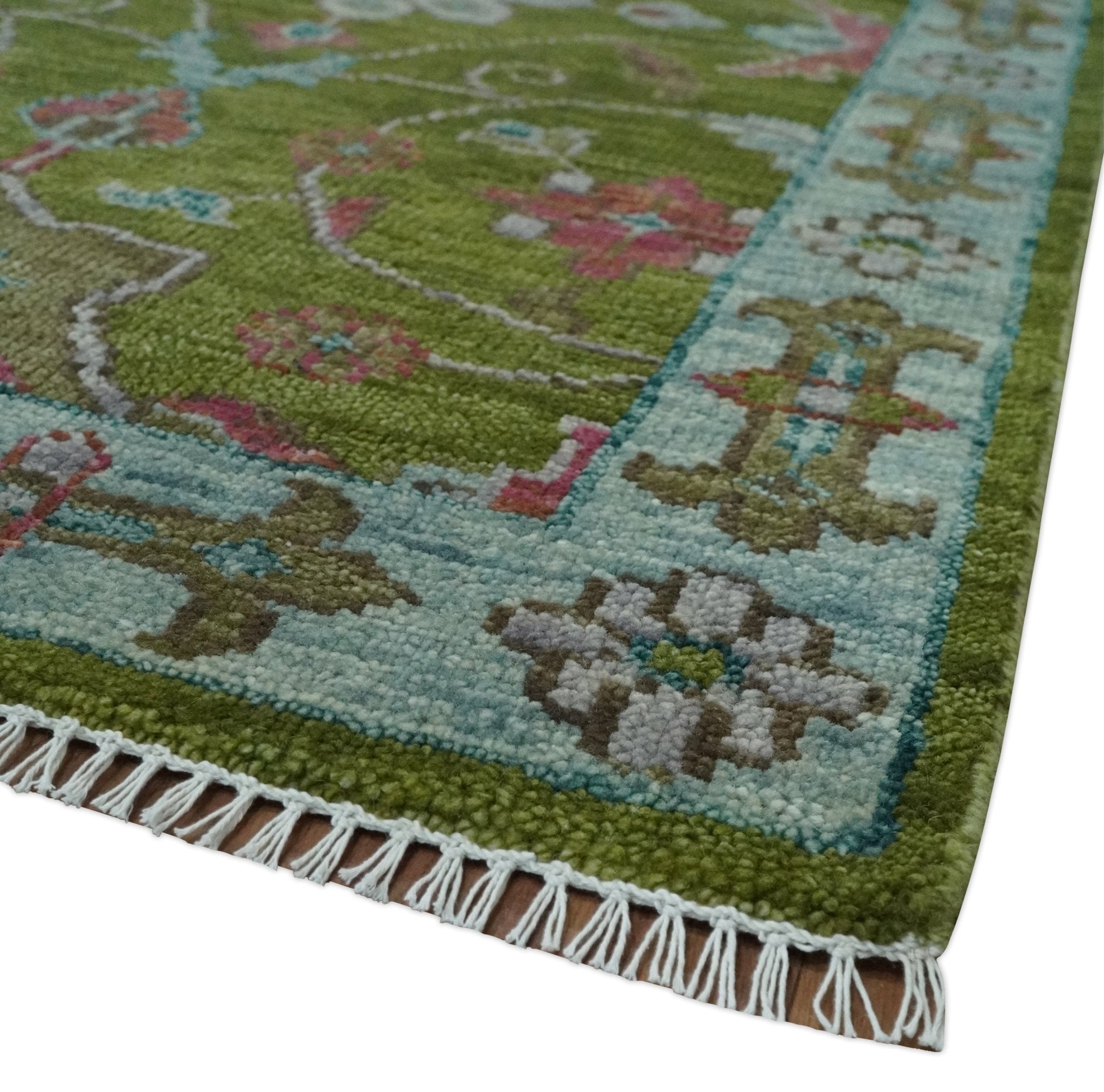 Custom Made Hand Knotted Green, Silver and Maroon Traditional Wool Area Rug - The Rug Decor