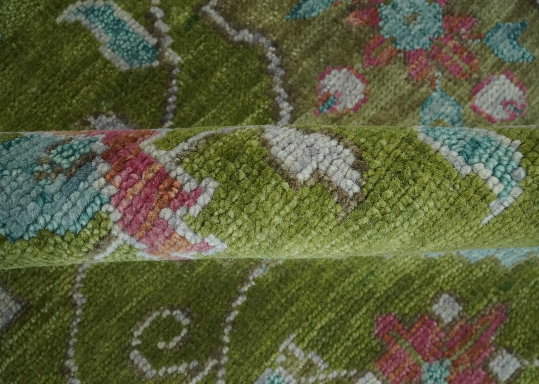 Custom Made Hand Knotted Green, Silver and Maroon Traditional Wool Area Rug - The Rug Decor