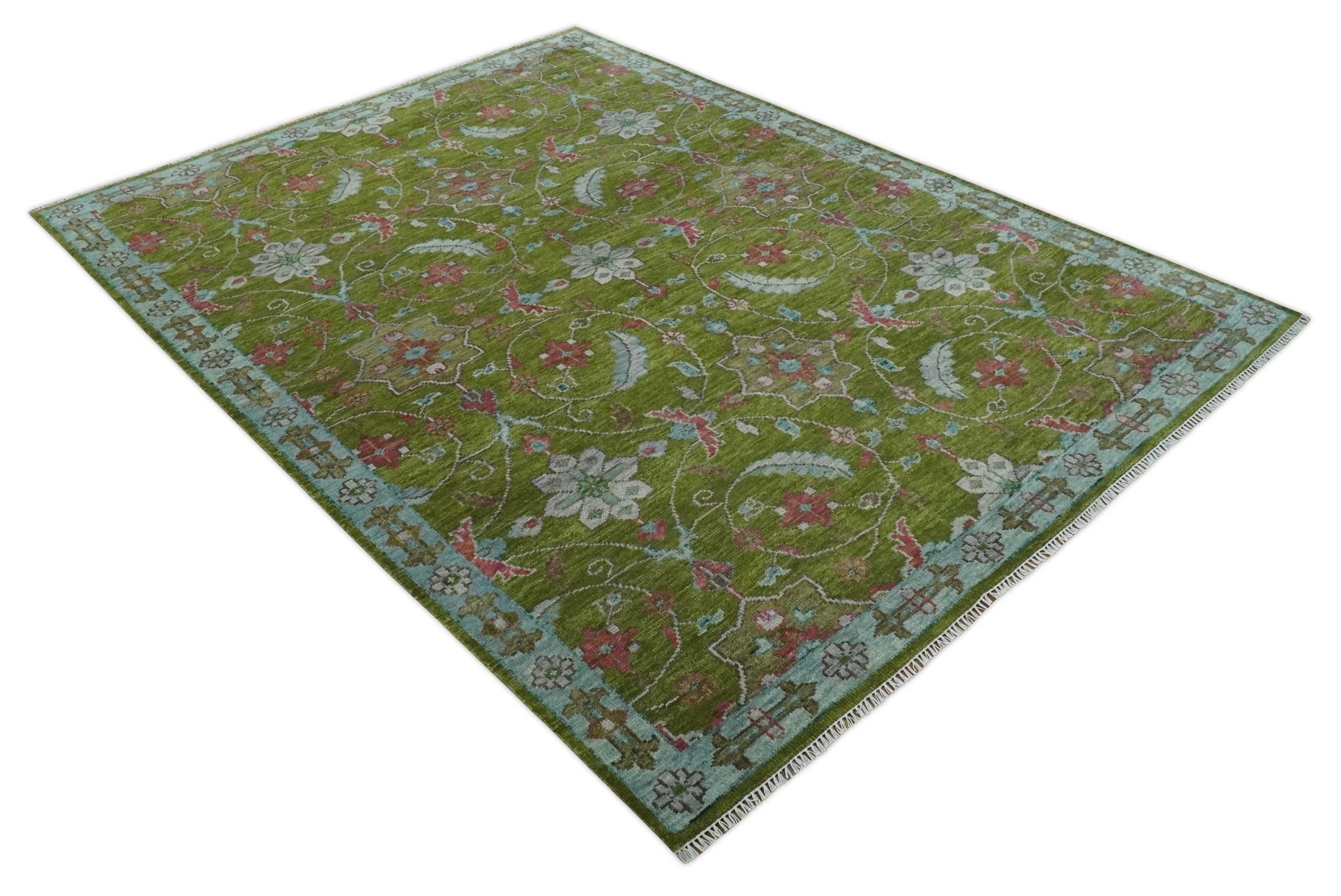 Custom Made Hand Knotted Green, Silver and Maroon Traditional Wool Area Rug - The Rug Decor