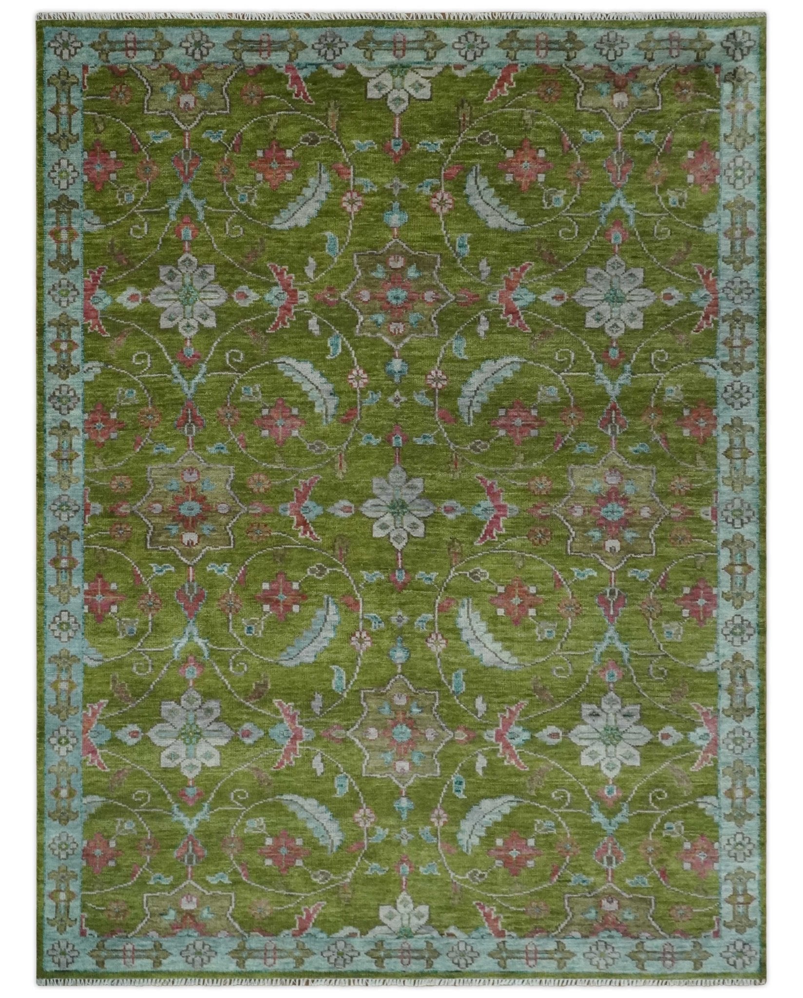 Custom Made Hand Knotted Green, Silver and Maroon Traditional Wool Area Rug - The Rug Decor