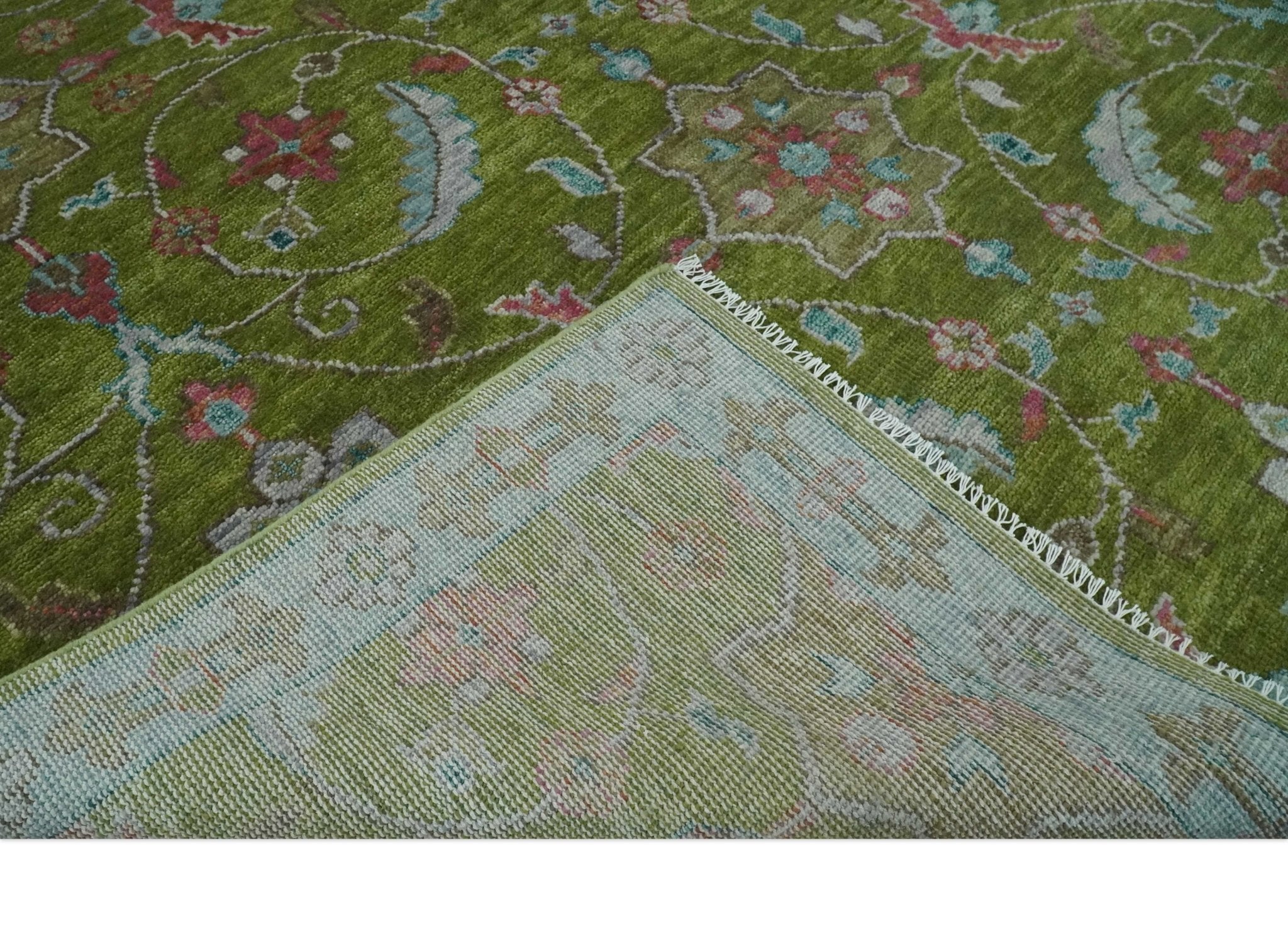 Custom Made Hand Knotted Green, Silver and Maroon Traditional Wool Area Rug - The Rug Decor