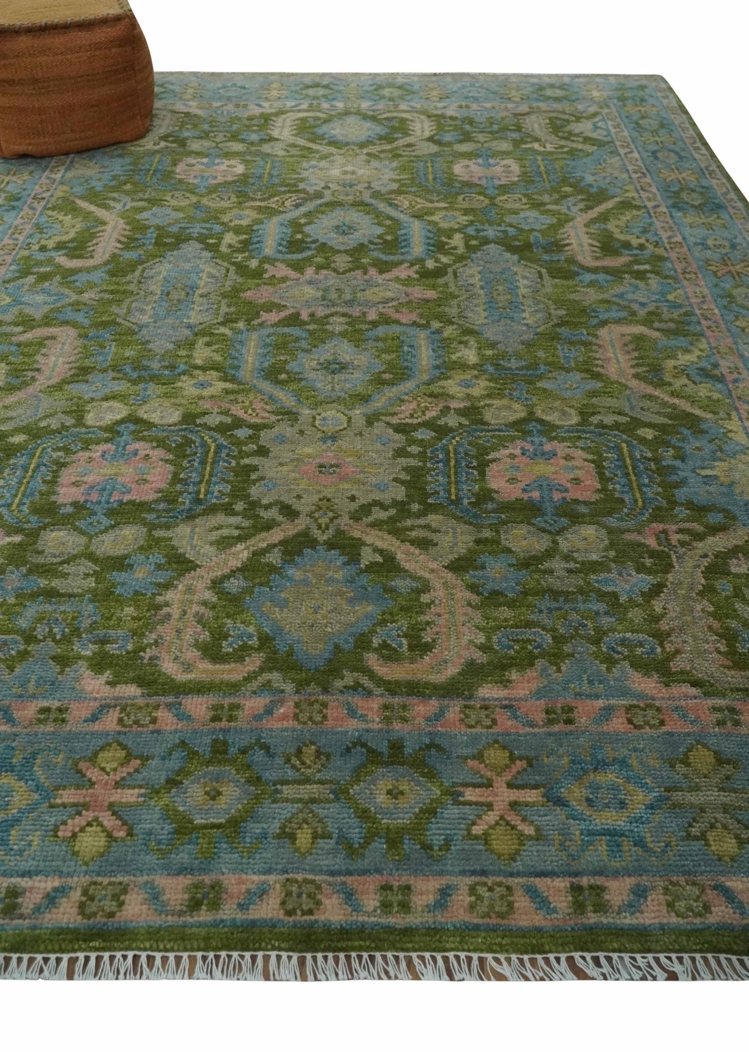 Custom Made Hand Knotted Green, Silver and Peach Traditional Oushak Wool Area Rug - The Rug Decor