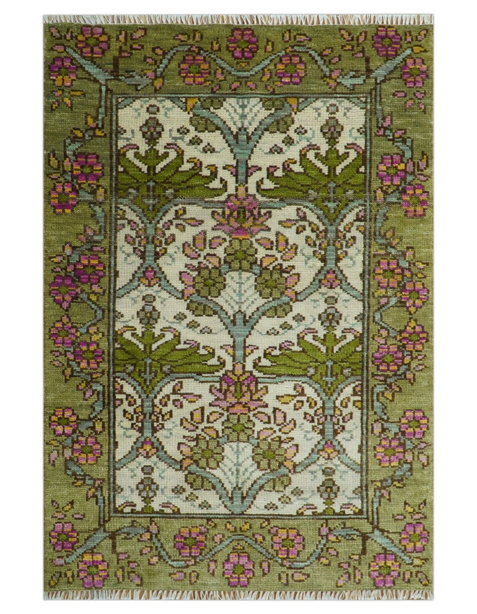 Custom Made Hand Knotted Ivory and Green Floral Traditional Antique Style Wool Area Rug - The Rug Decor
