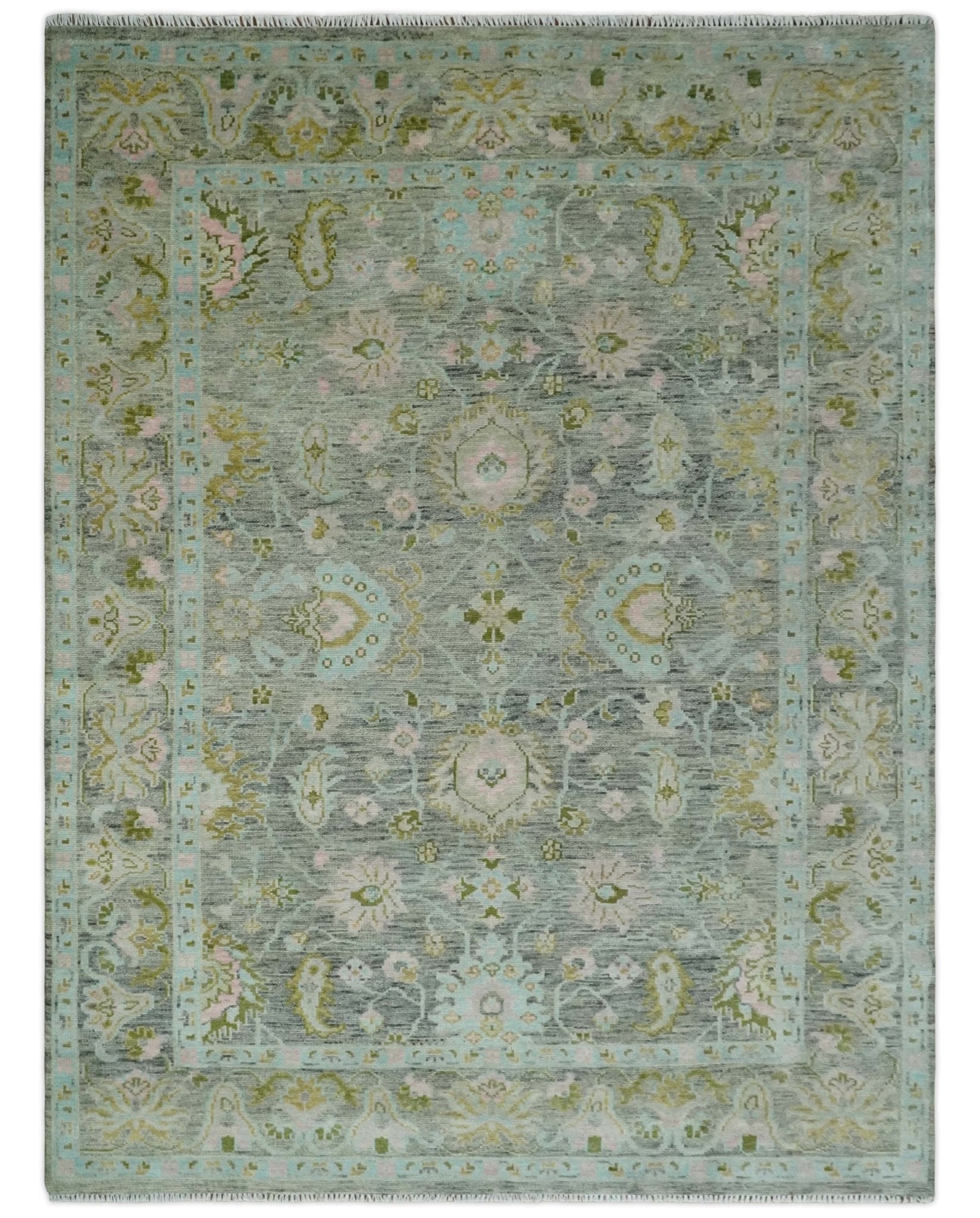Custom Made Hand Knotted Moss Green Gray and Green Oriental Oushak Multi Size Traditional Wool Area Rug
