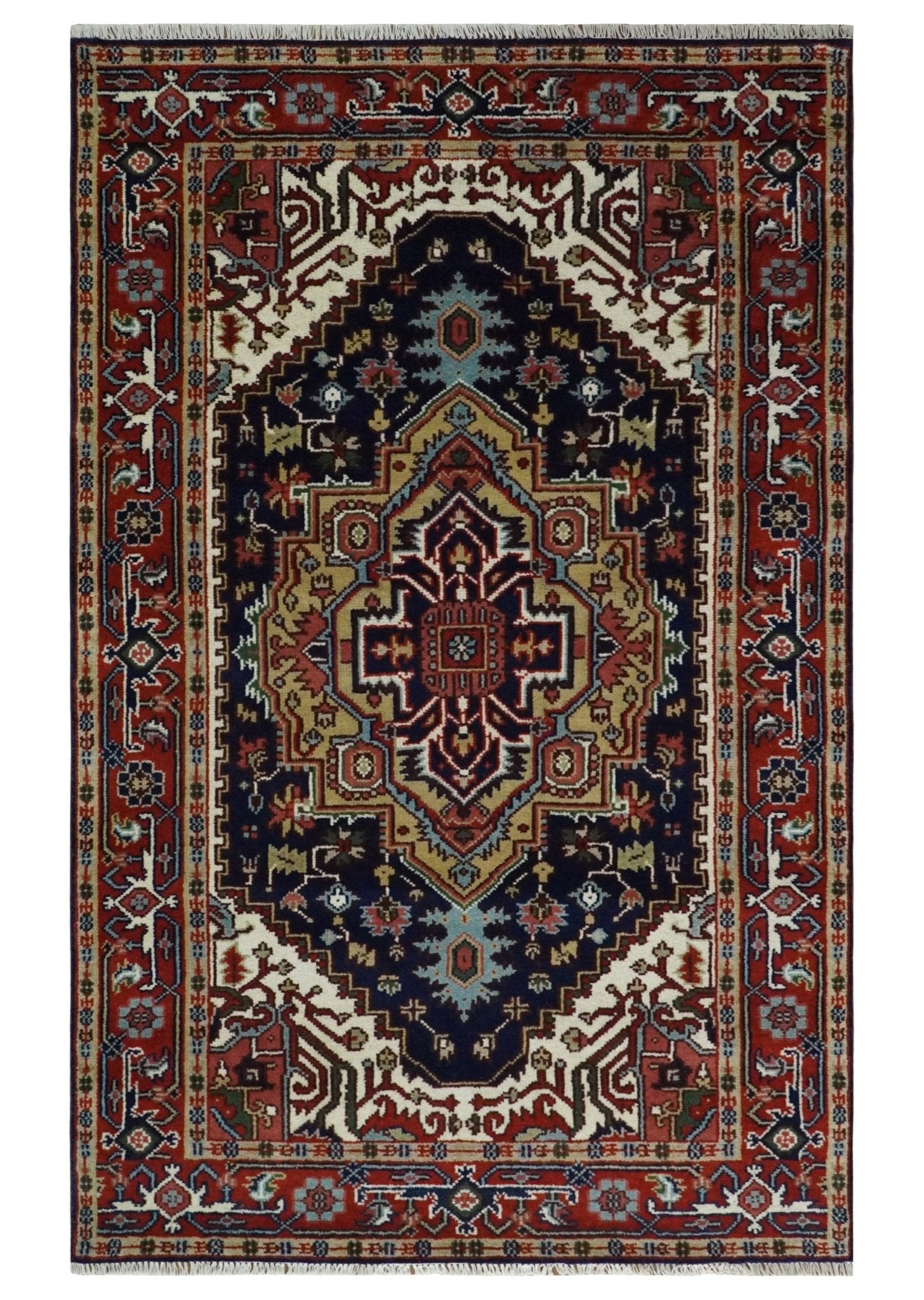 Custom Made Hand Knotted Multi Size Large Olive, Blue, Ivory and Rust Traditional Wool Rug - The Rug Decor