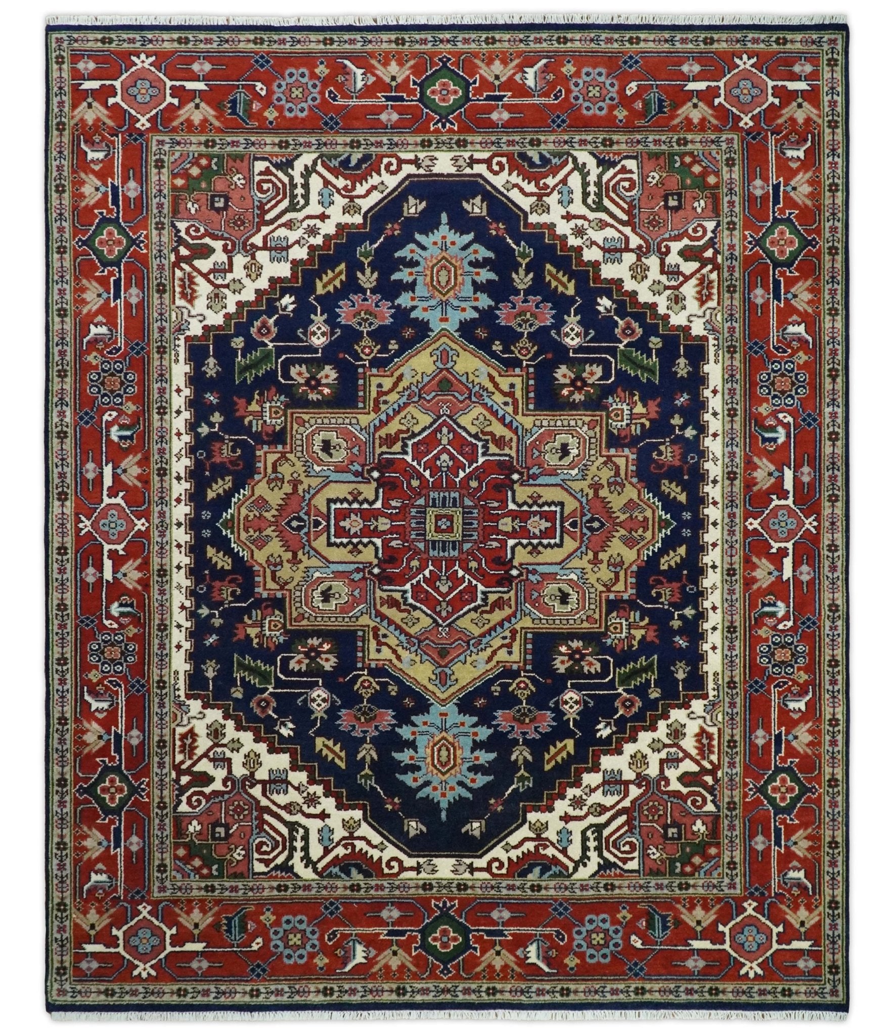 Custom Made Hand Knotted Multi Size Large Olive, Blue, Ivory and Rust Traditional Wool Rug - The Rug Decor