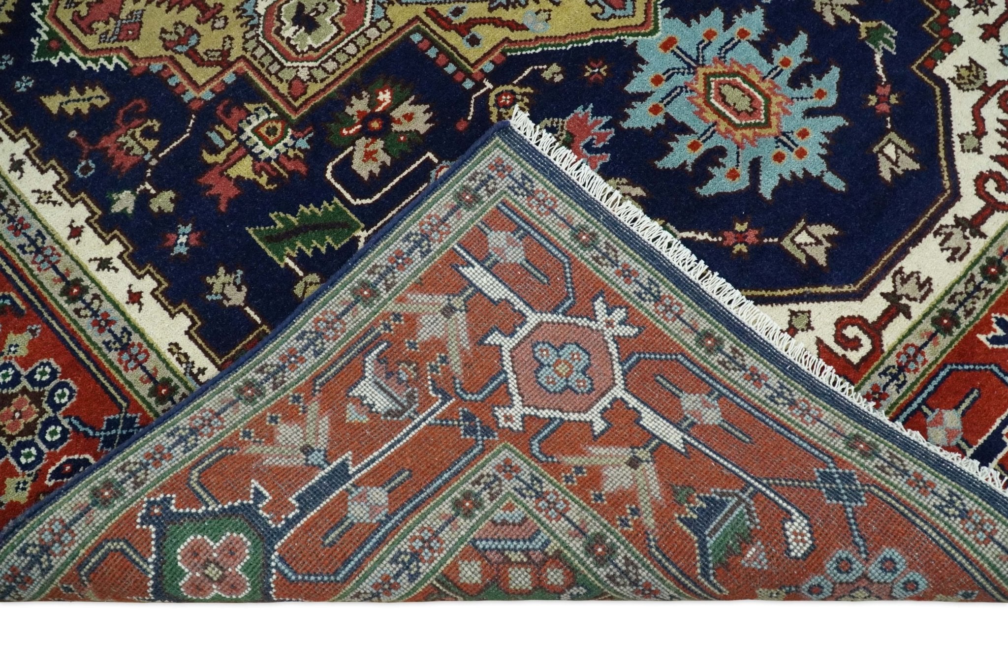 Custom Made Hand Knotted Multi Size Large Olive, Blue, Ivory and Rust Traditional Wool Rug - The Rug Decor