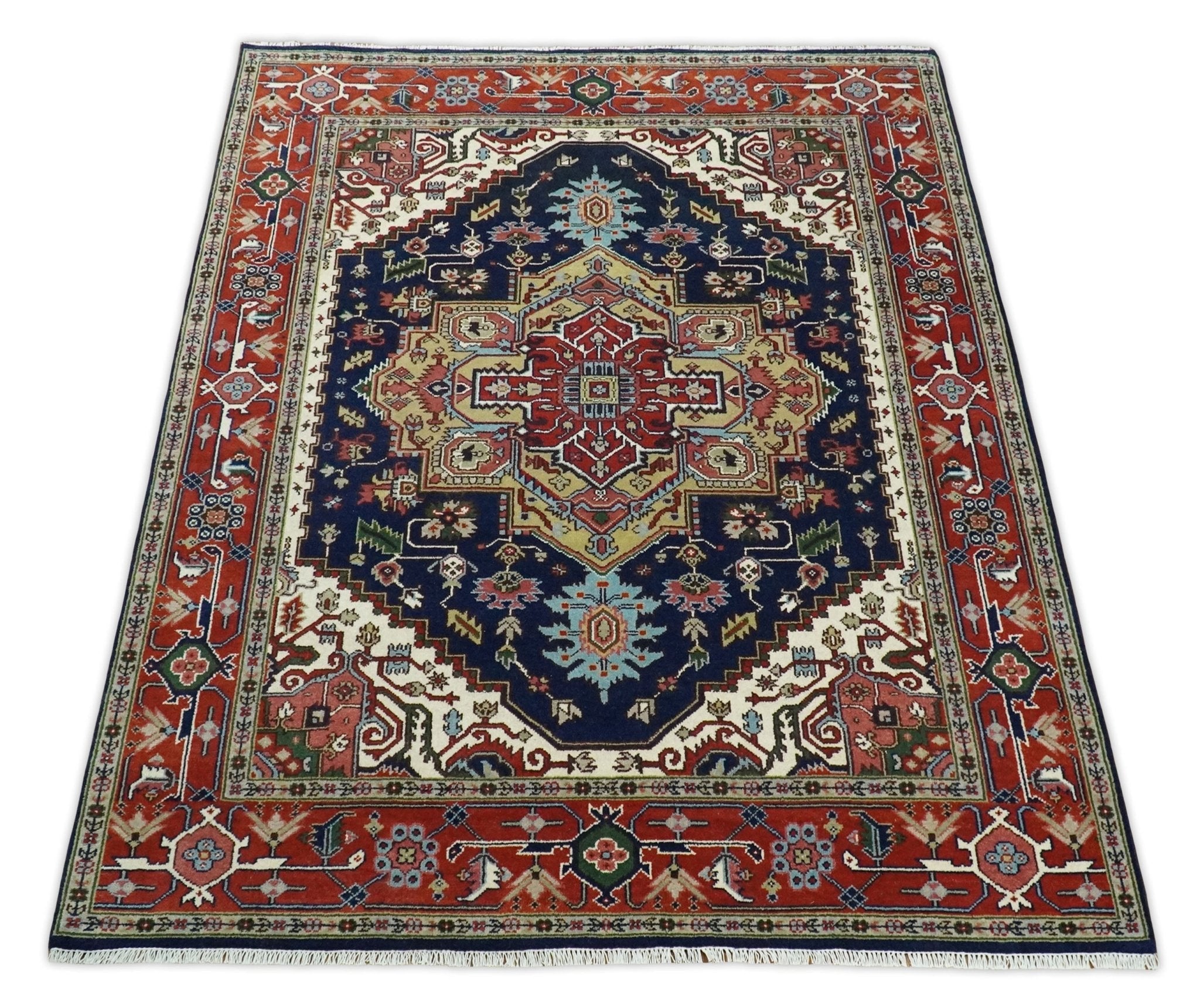 Custom Made Hand Knotted Multi Size Large Olive, Blue, Ivory and Rust Traditional Wool Rug - The Rug Decor