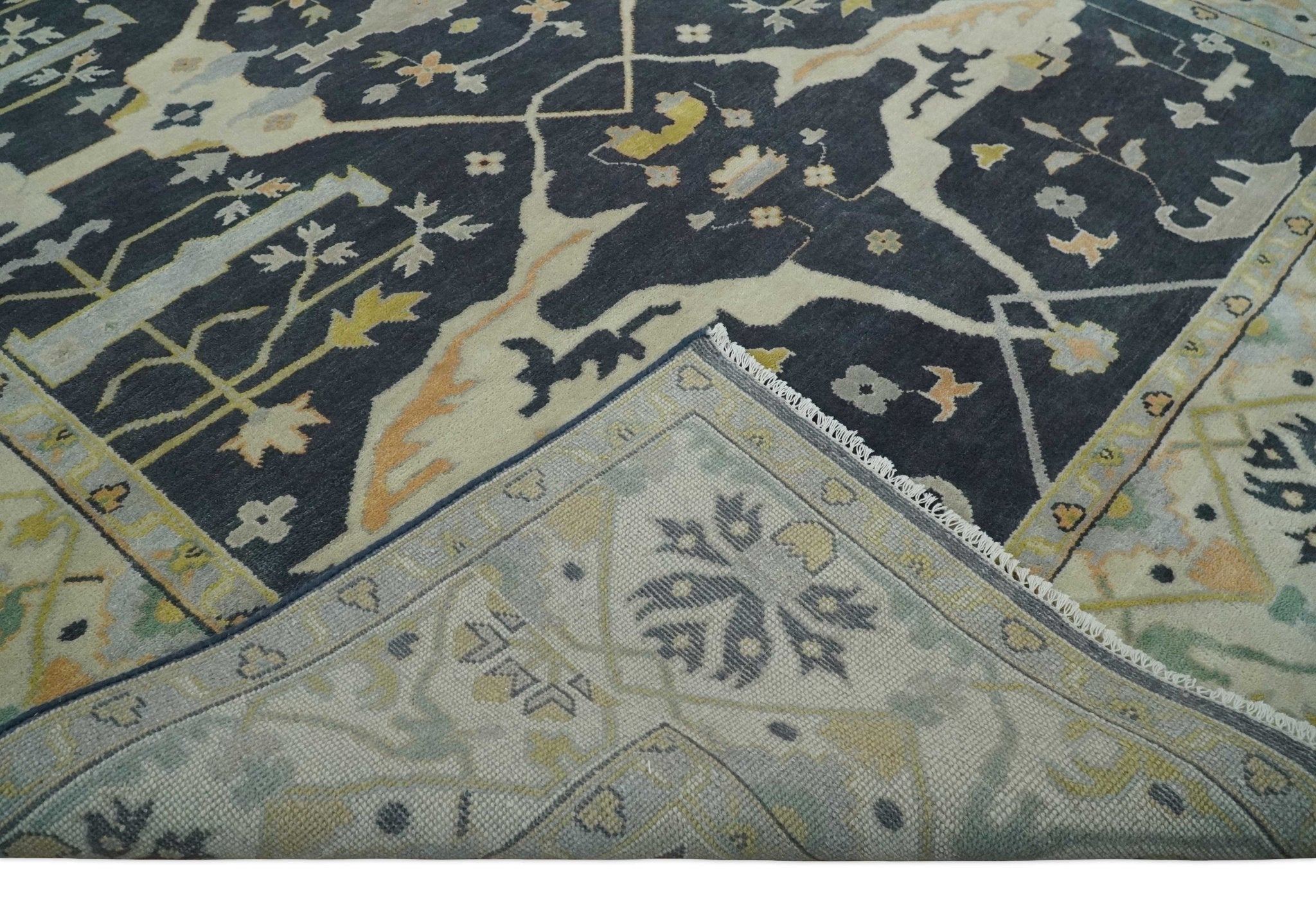 Custom Made Hand Knotted Oriental Oushak Charcoal, Ivory and Olive Wool Area Rug - The Rug Decor