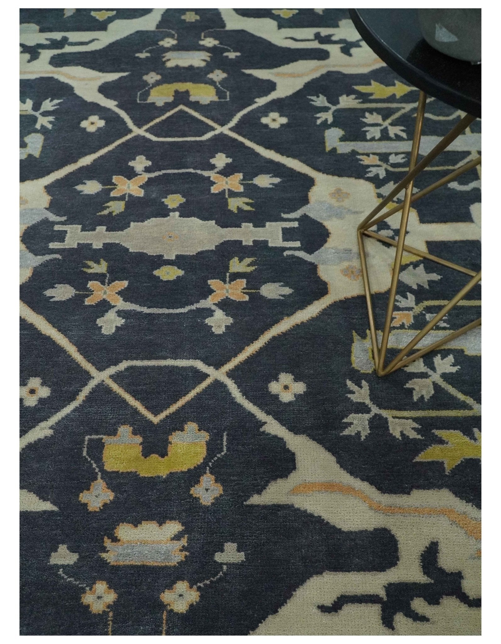 Custom Made Hand Knotted Oriental Oushak Charcoal, Ivory and Olive Wool Area Rug - The Rug Decor