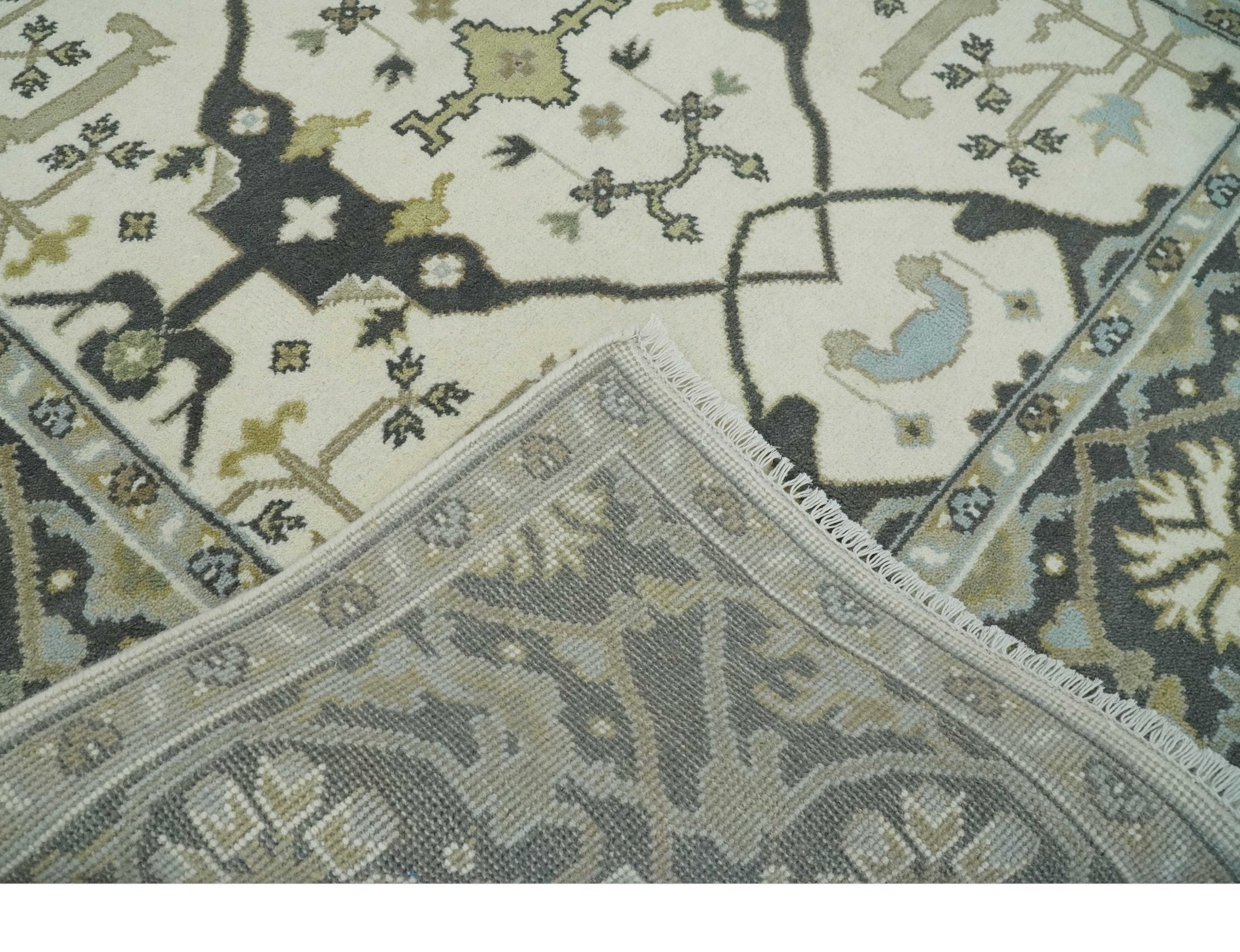 Custom made Hand Knotted Oriental Oushak Ivory, Charcoal and Olive Wool Area Rug - The Rug Decor
