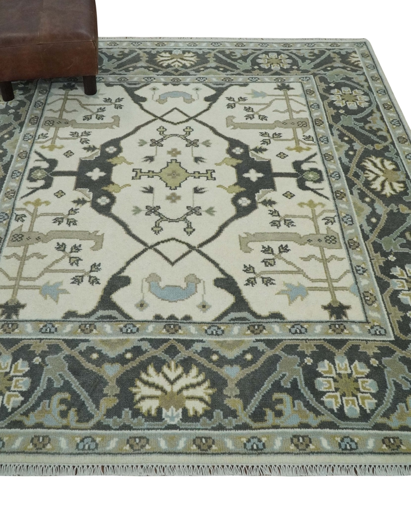 Custom made Hand Knotted Oriental Oushak Ivory, Charcoal and Olive Wool Area Rug - The Rug Decor