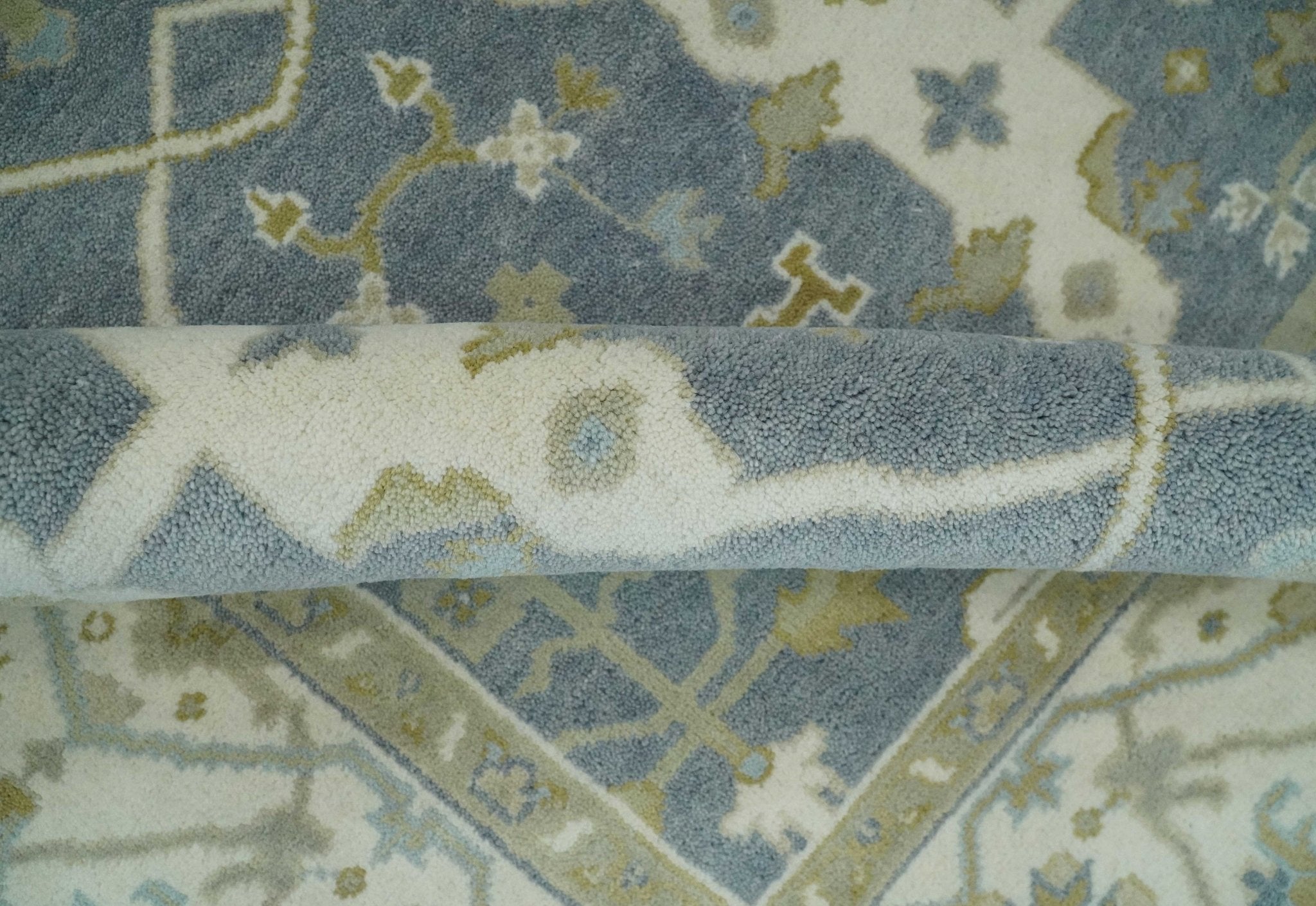 Custom Made Hand Knotted Oriental Oushak Ivory, Charcoal and Olive Wool Area Rug - The Rug Decor