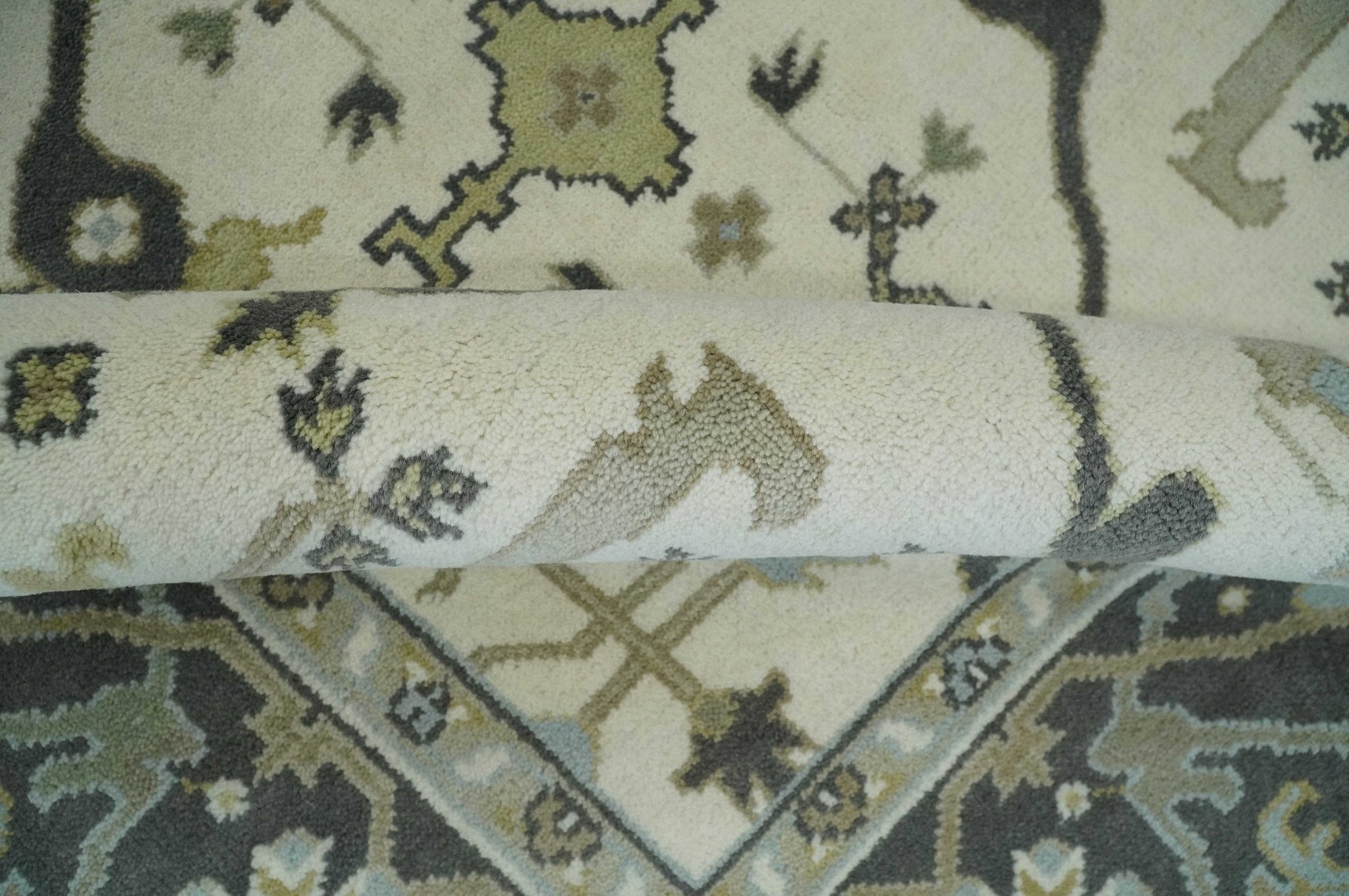 Custom made Hand Knotted Oriental Oushak Ivory, Charcoal and Olive Wool Area Rug - The Rug Decor