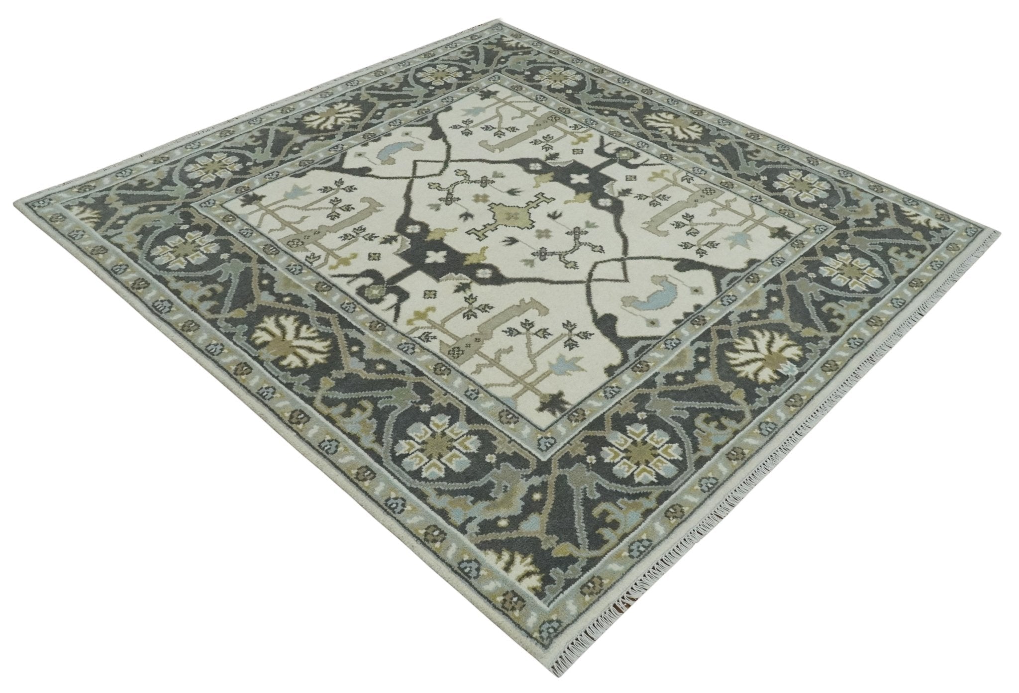 Custom made Hand Knotted Oriental Oushak Ivory, Charcoal and Olive Wool Area Rug - The Rug Decor