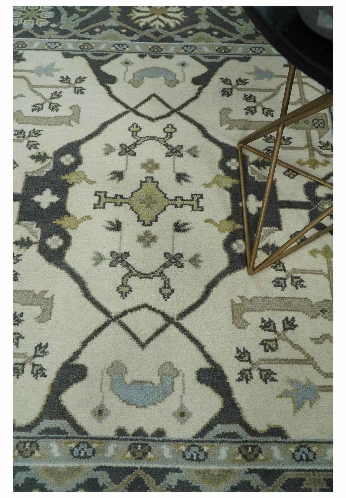 Custom made Hand Knotted Oriental Oushak Ivory, Charcoal and Olive Wool Area Rug - The Rug Decor