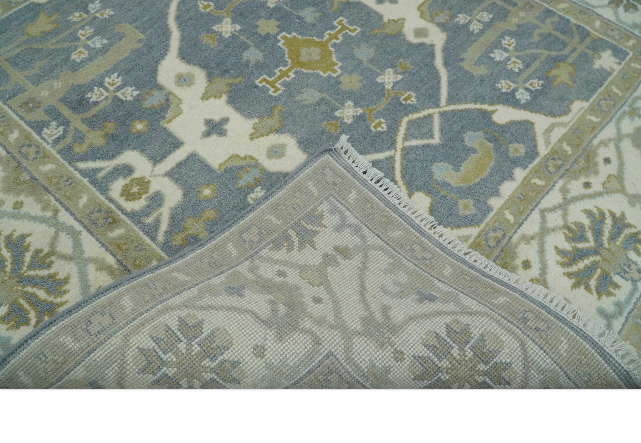 Custom Made Hand Knotted Oriental Oushak Ivory, Charcoal and Olive Wool Area Rug - The Rug Decor