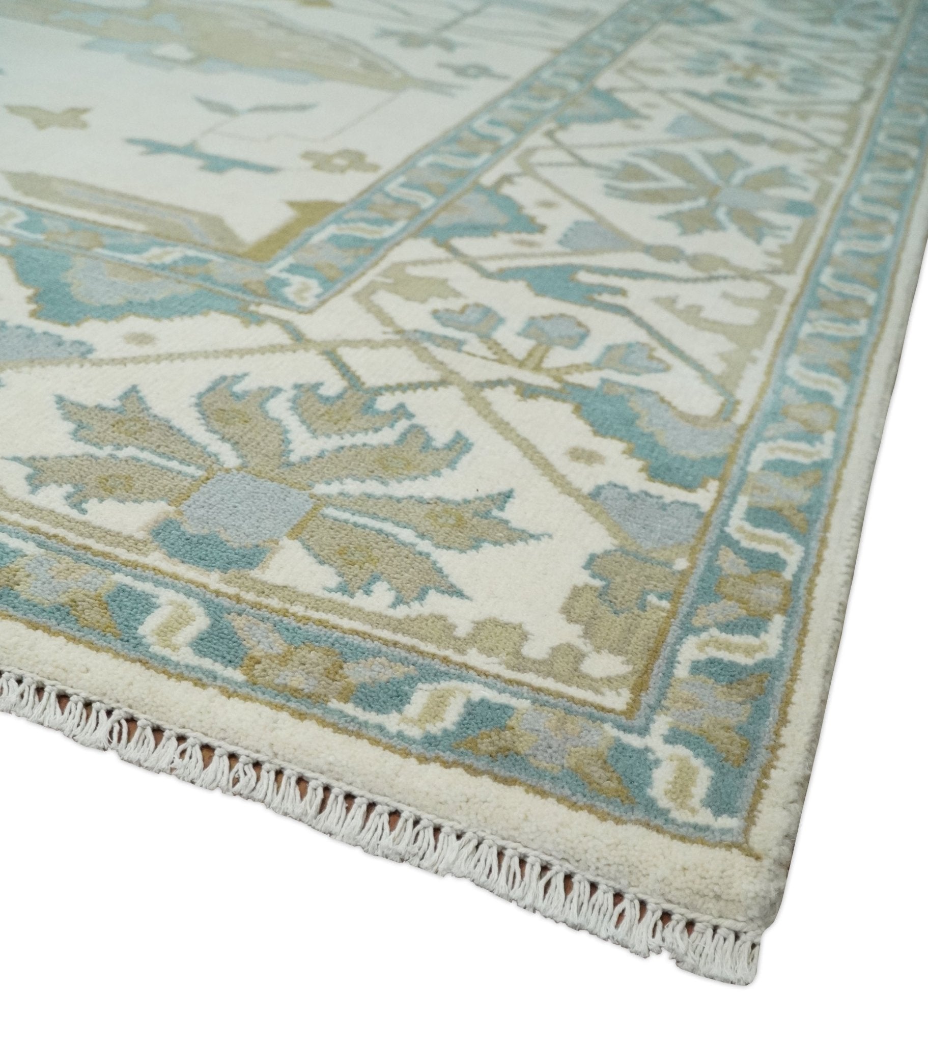 Custom Made Hand Knotted Oriental Oushak Ivory, Teal and Beige Wool Area Rug - The Rug Decor