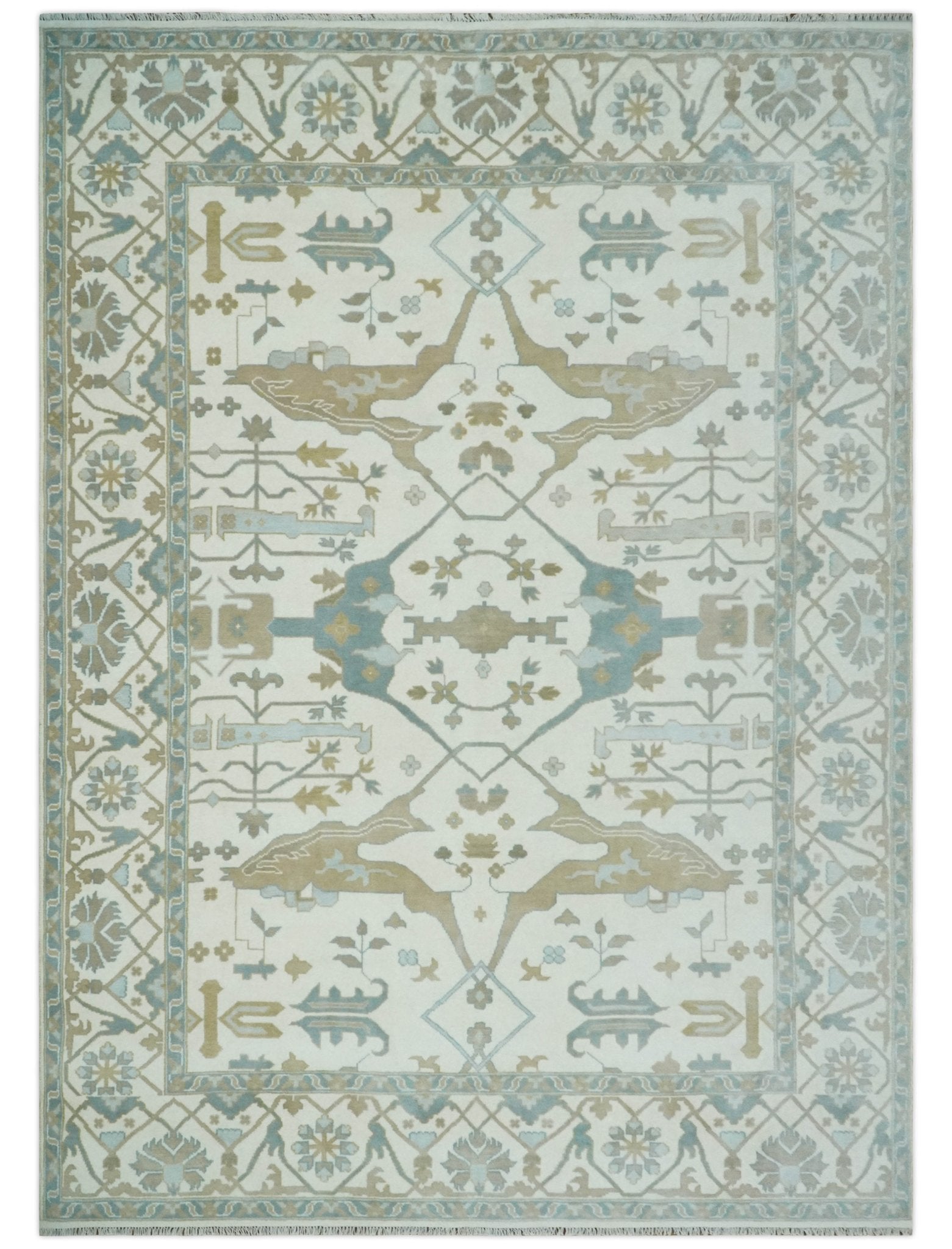 Custom Made Hand Knotted Oriental Oushak Ivory, Teal and Beige Wool Area Rug - The Rug Decor