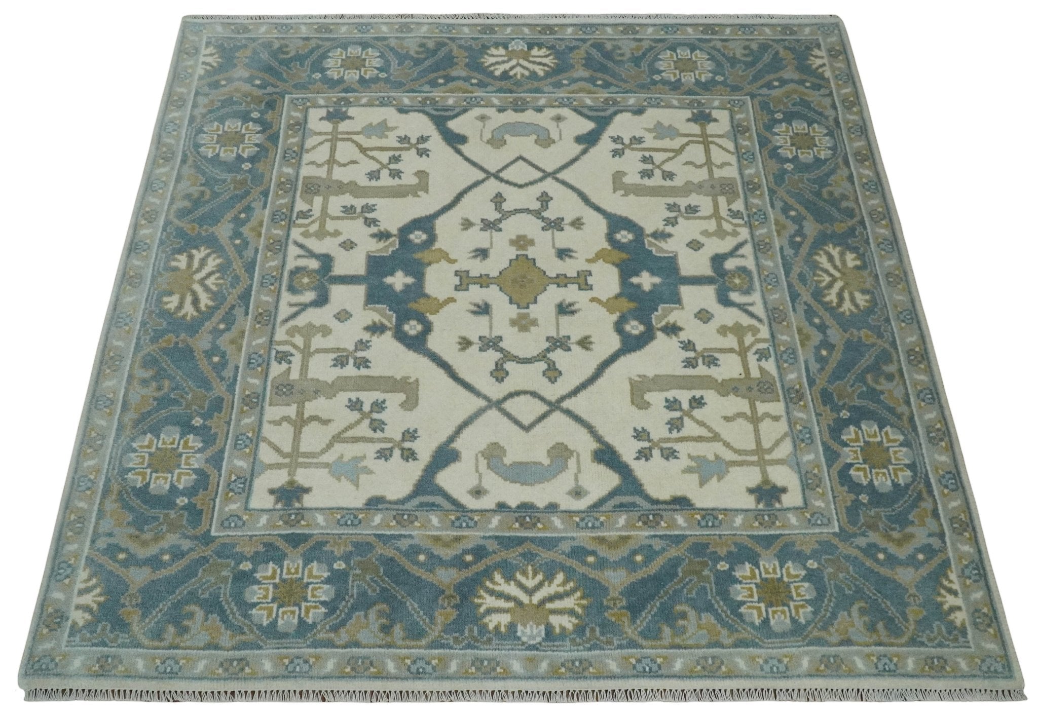 Custom Made Hand Knotted Oriental Oushak Ivory, Teal and Beige Wool Area Rug - The Rug Decor