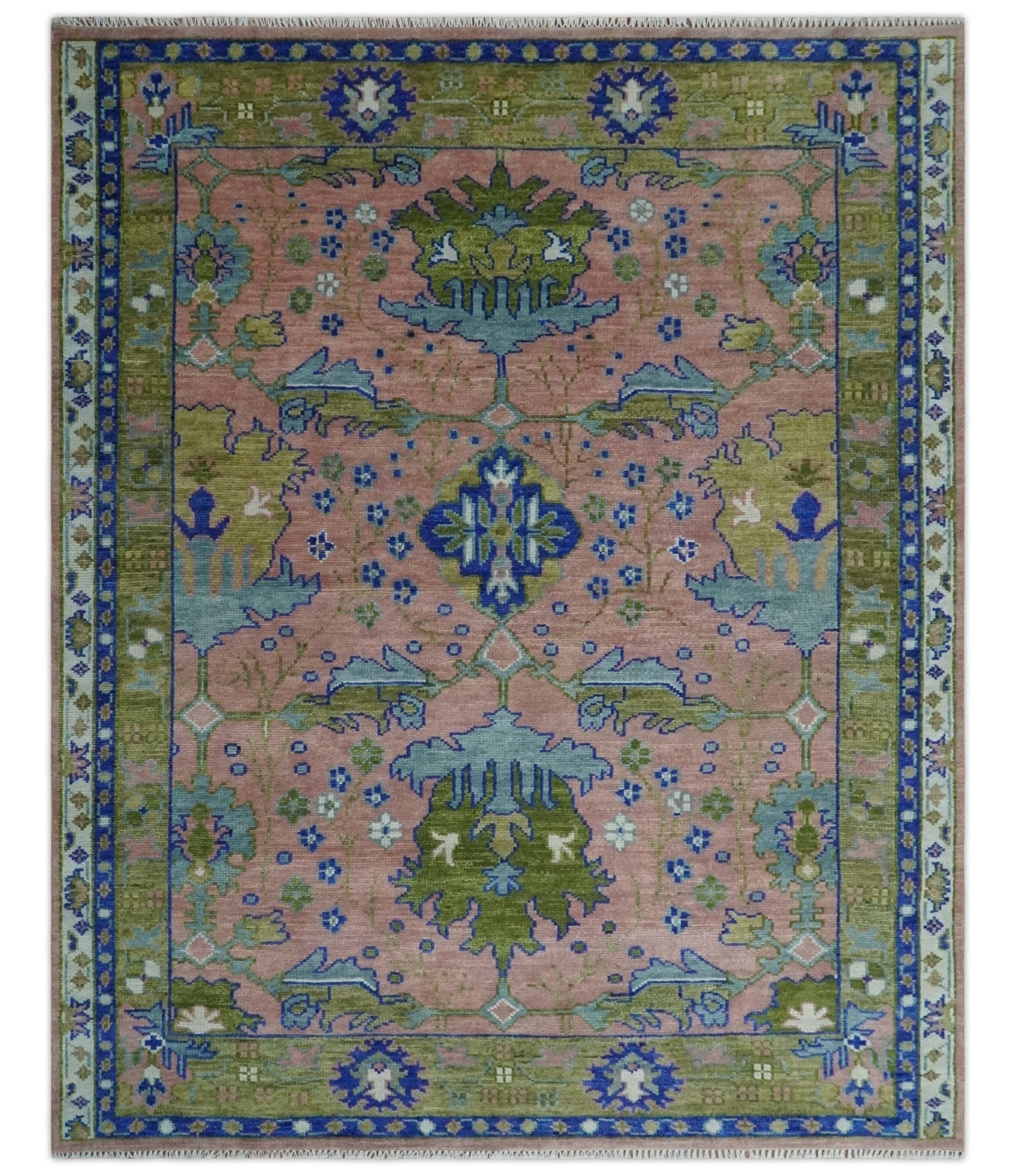 Custom Made Hand knotted Peach, Green and Blue Antique Design Area Rug