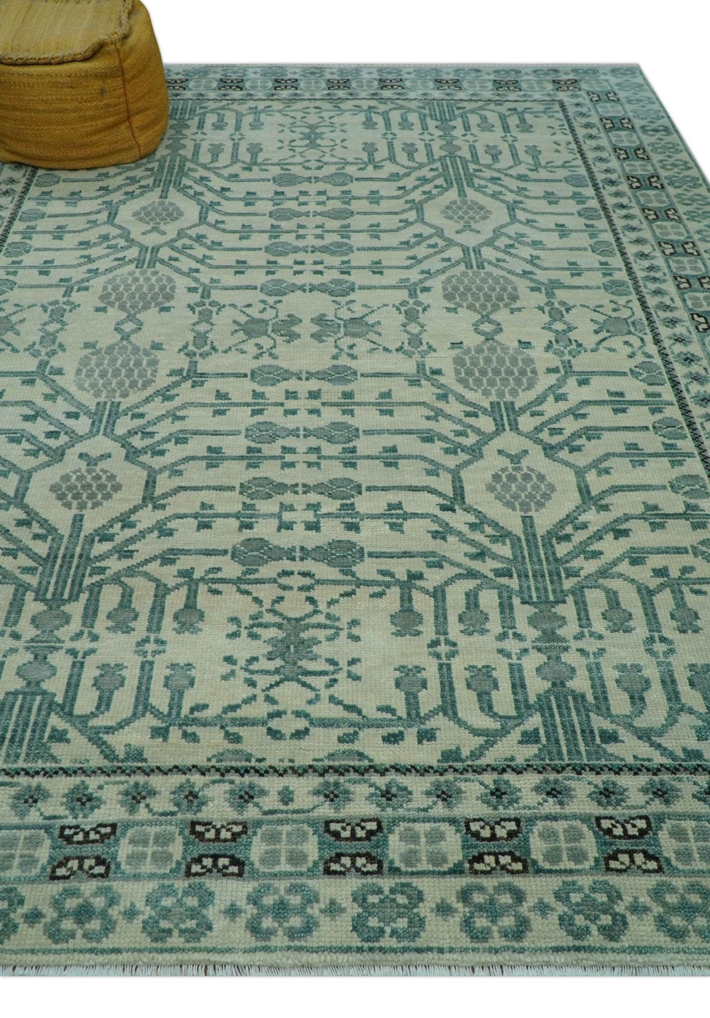 Custom Made Ivory And Gray Turkish Khotan Design Hand Knotted Wool Rug - The Rug Decor