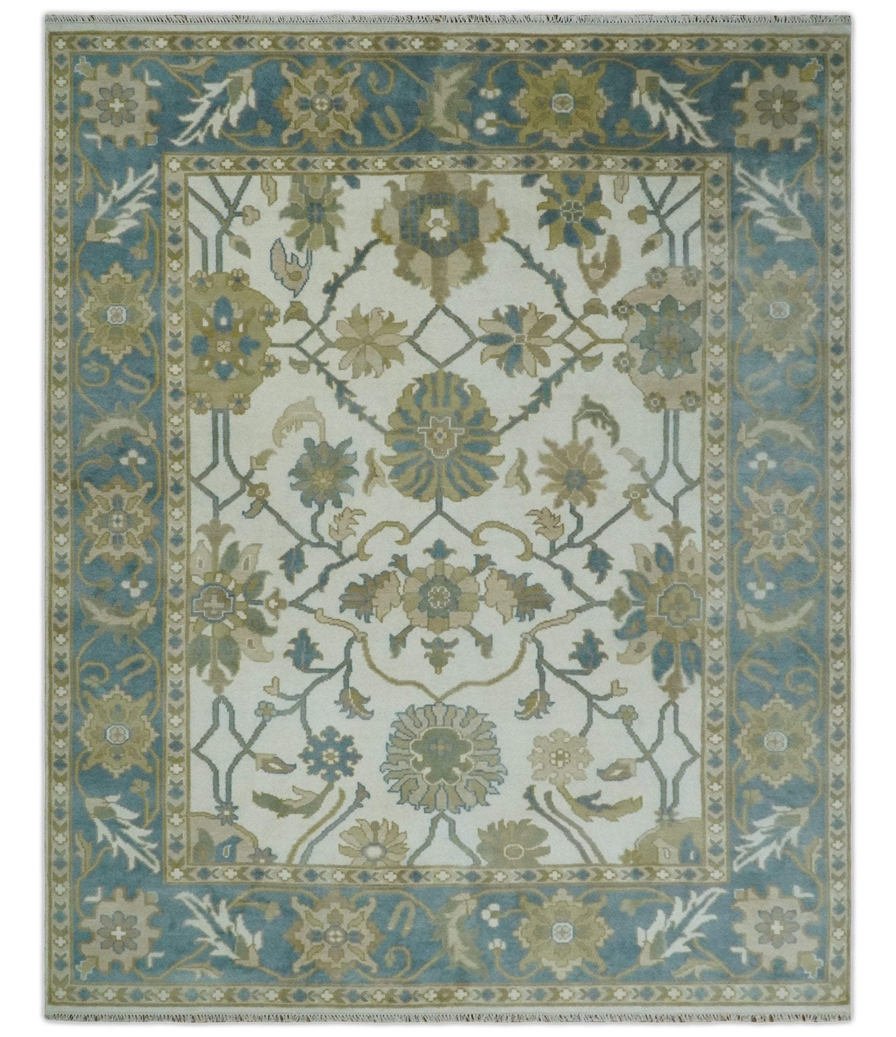 Custom Made Ivory, Gray and Beige Floral Hand Knotted Traditional Oushak Wool Rug