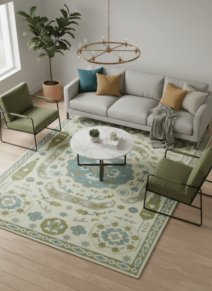 Custom Made Ivory, Olive and Teal Hand Knotted Traditional Medallion Mamluk Design wool Rug