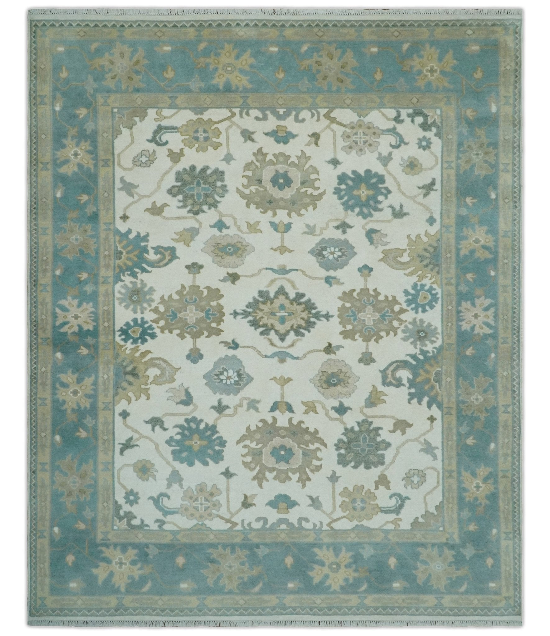 Custom Made Ivory, Teal and Beige Floral Hand Knotted Traditional Oushak Wool Area Rug