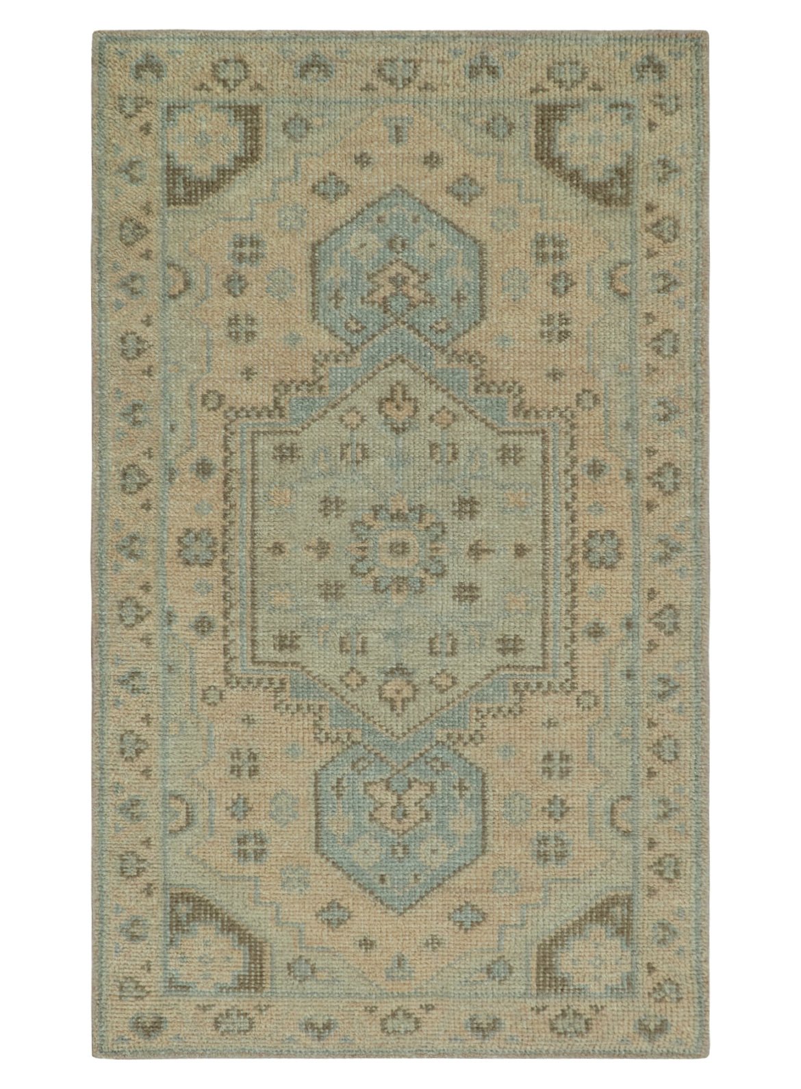 Custom Made Low Pile Hand Knotted Peach and Blue Traditional Design Wool Area Rug - The Rug Decor