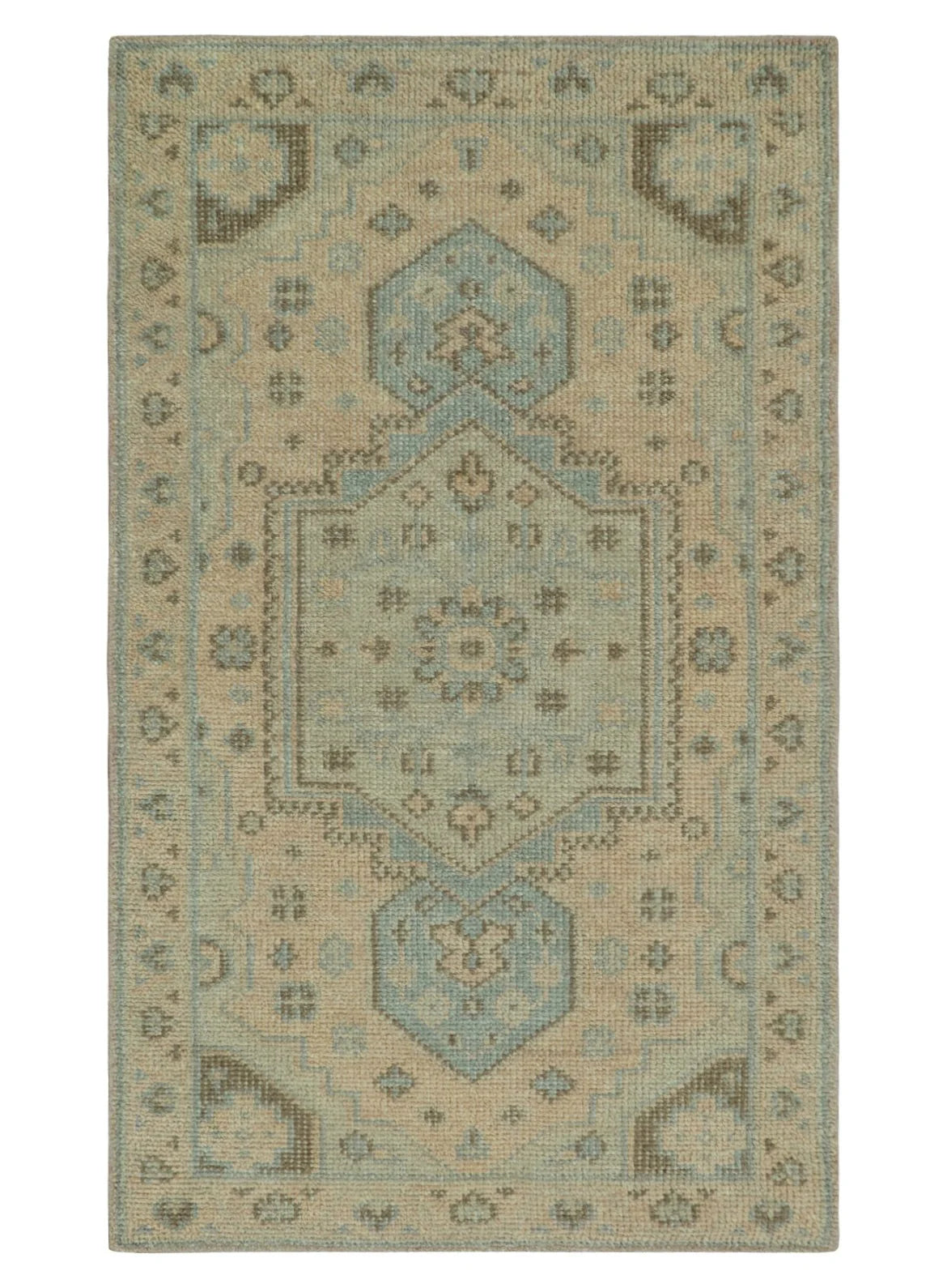 Custom Made Low Pile Hand Knotted Peach and Blue Traditional Design Wool Area Rug