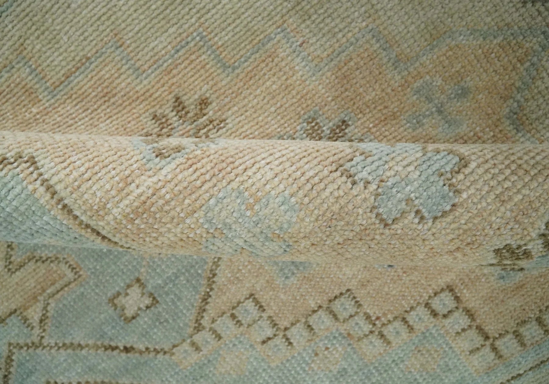 Custom Made Low Pile Hand Knotted Peach and Blue Traditional Design Wool Area Rug