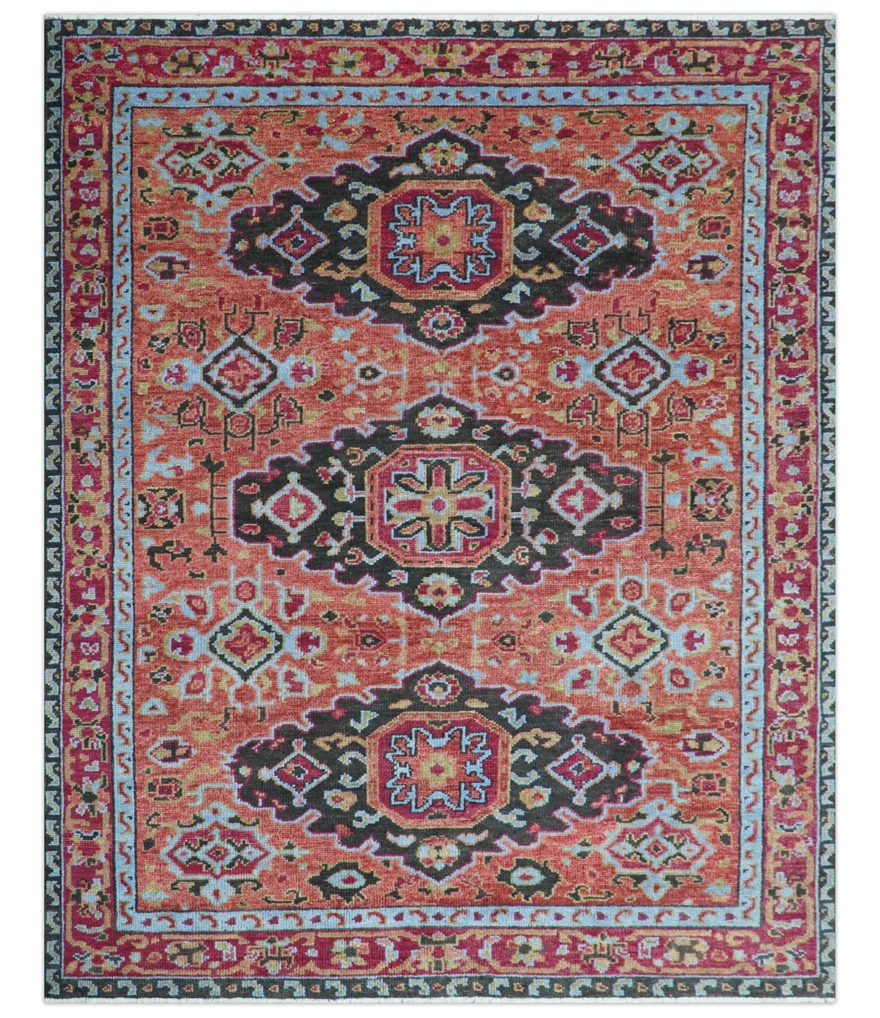 Custom Made Rust And Black Traditional Medallions Design Hand Knotted Wool Rug - The Rug Decor