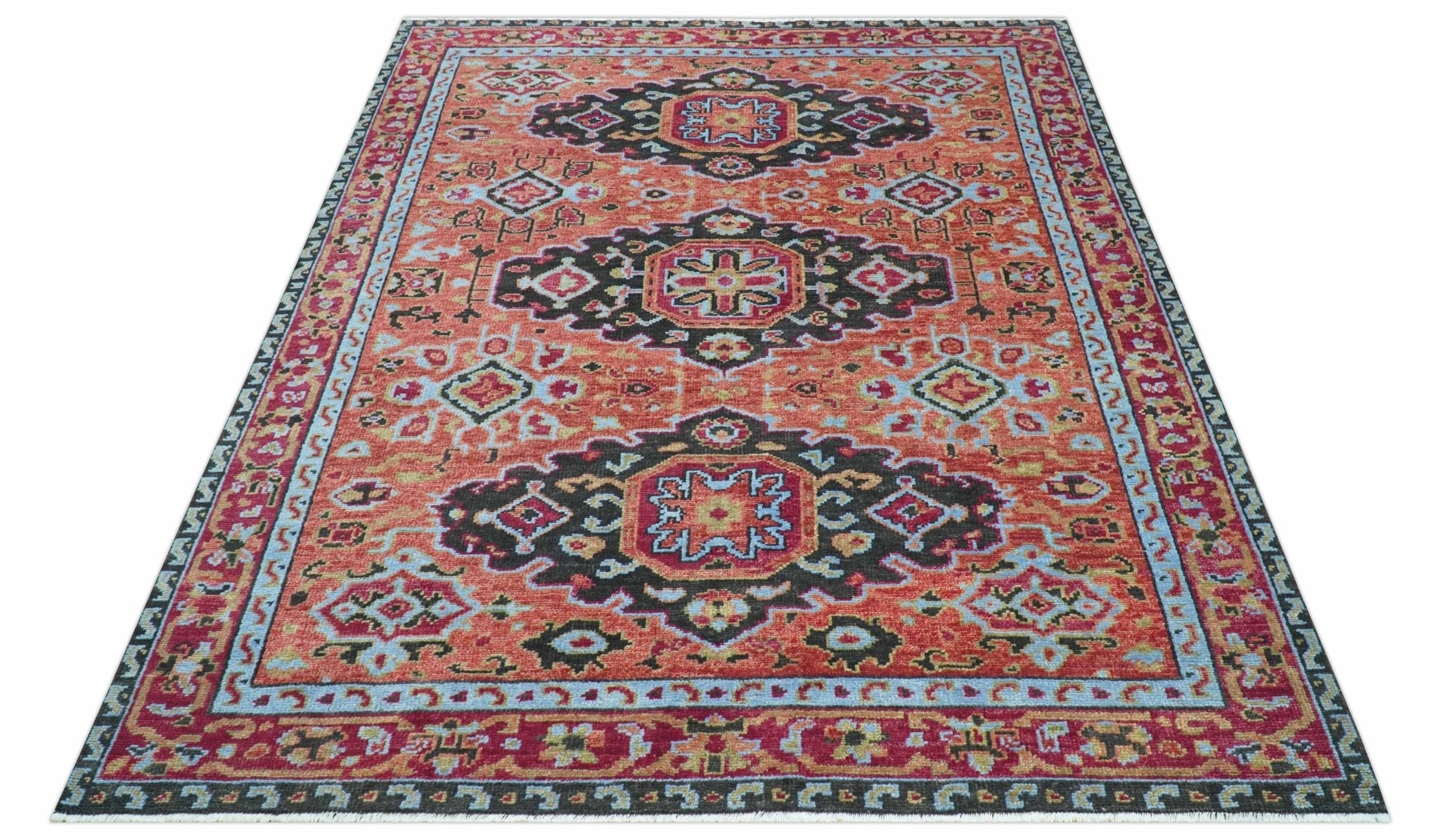 Custom Made Rust And Black Traditional Medallions Design Hand Knotted Wool Rug - The Rug Decor