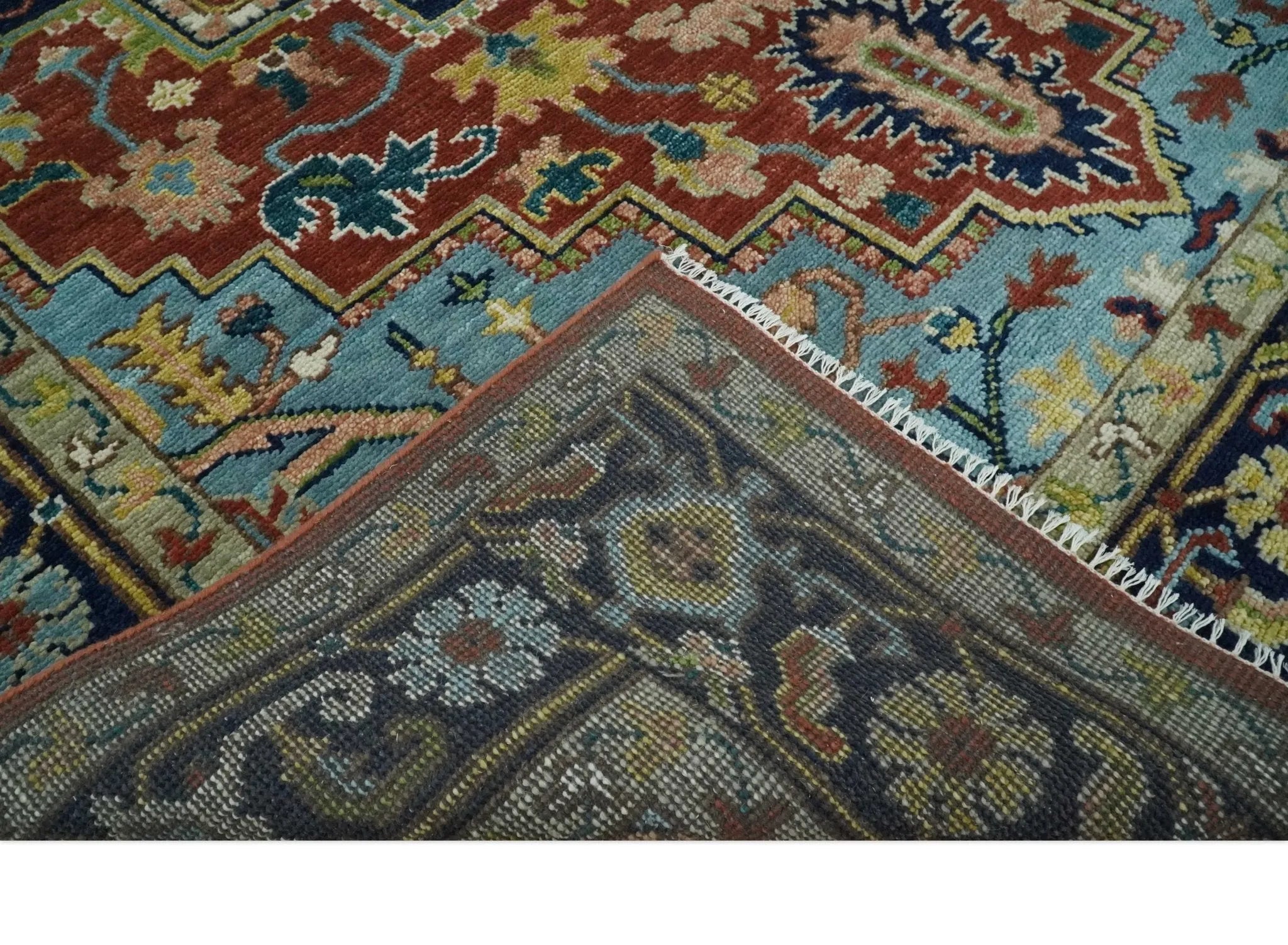 Custom Made Rust and Blue Traditional Medallion Hand Knotted Wool Area Rug