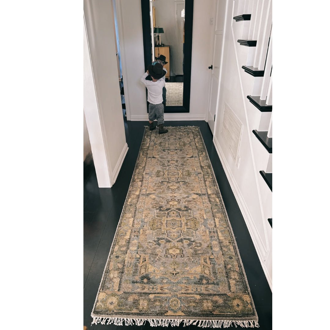 Custom Made Silver, Moss Green and Blue Heriz Traditional wool Area Rug - The Rug Decor