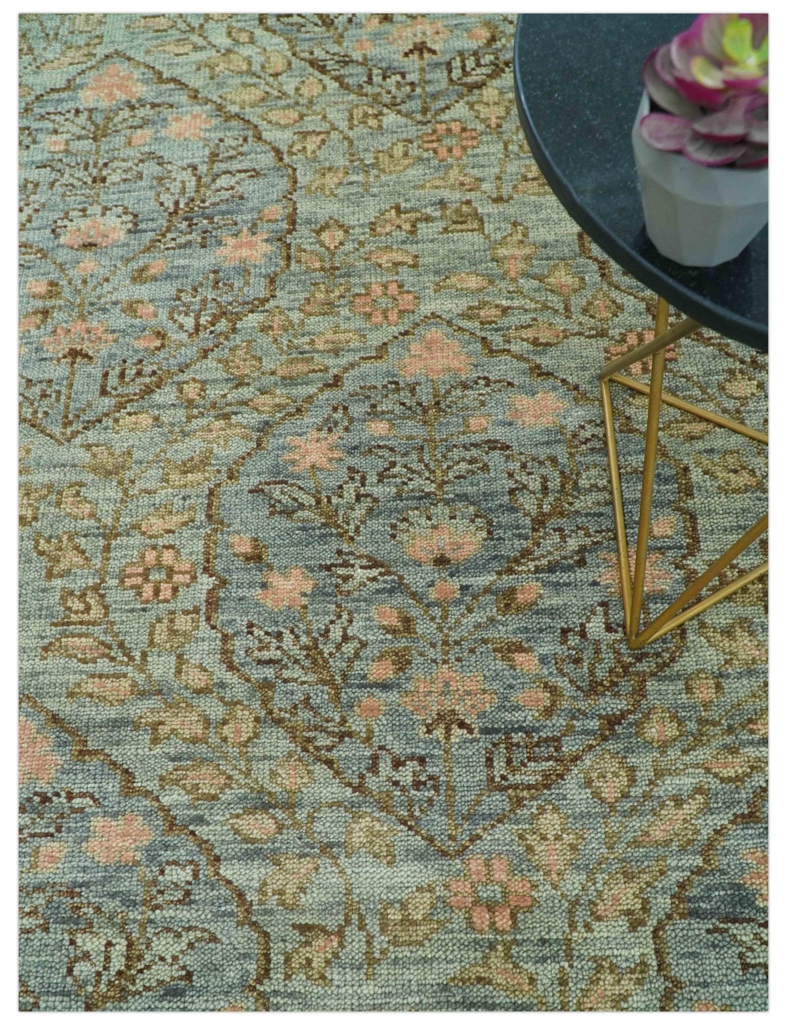 Custom Made Silver, Pink And Brown Floral Motifs Design Hand Knotted wool area rug - The Rug Decor