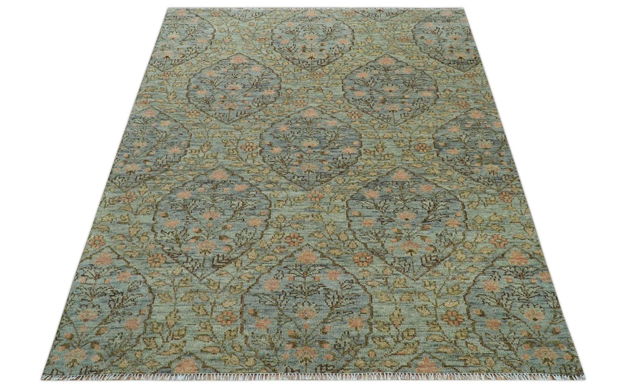 Custom Made Silver, Pink And Brown Floral Motifs Design Hand Knotted wool area rug - The Rug Decor