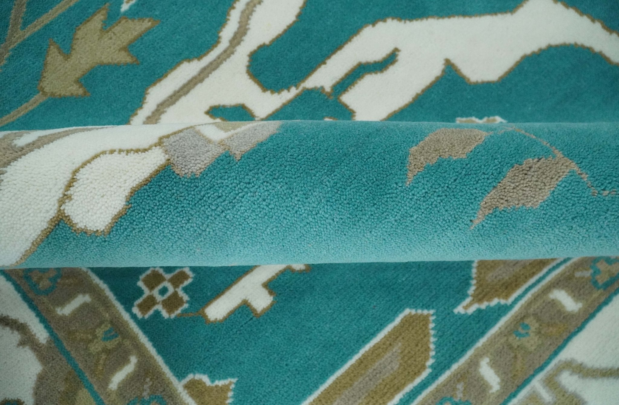 Custom Made Teal and Ivory Hand knotted Oriental Oushak Multi Size wool Area Rug - The Rug Decor